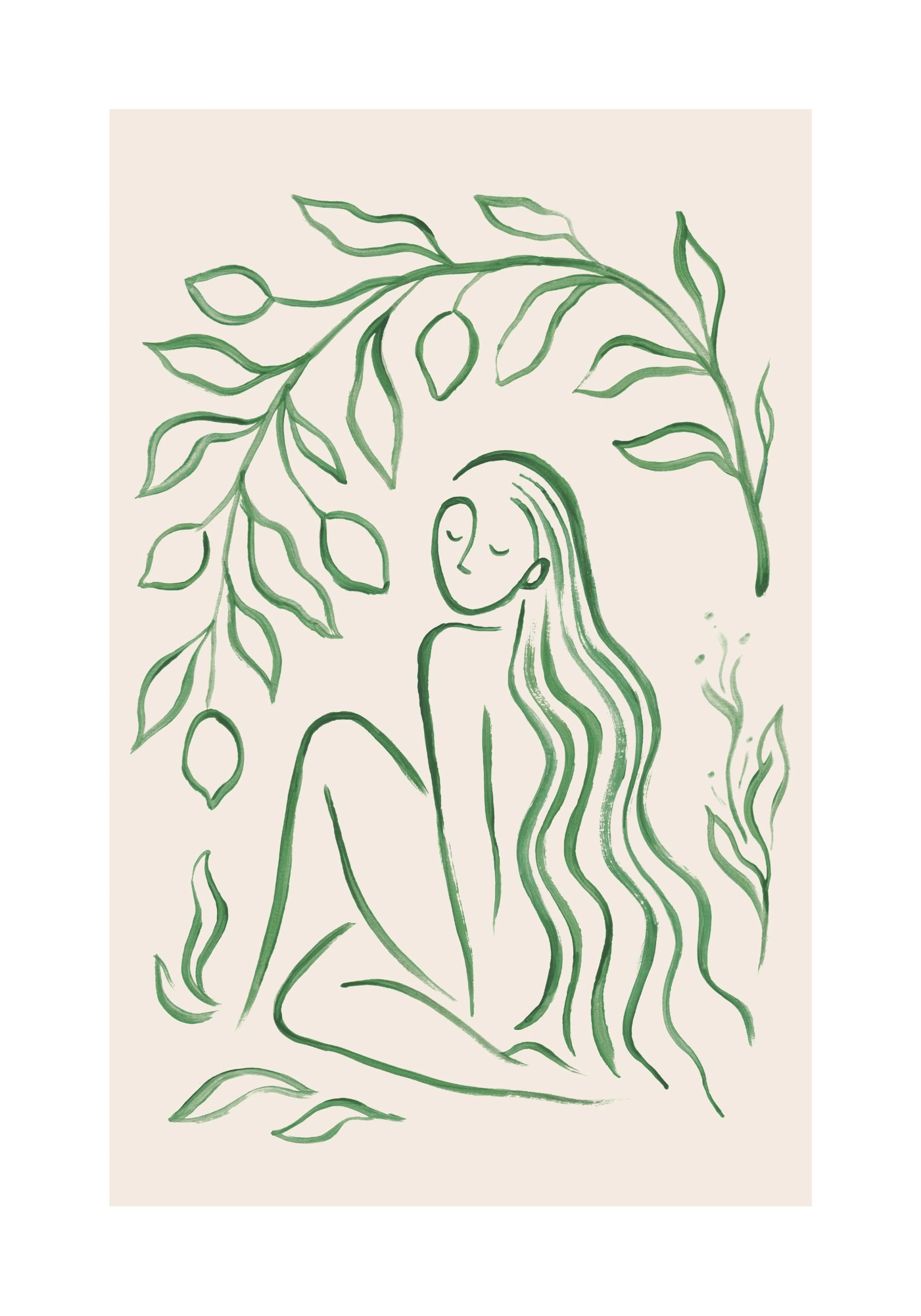 Affiche dune femme aux longs cheveux verts, entourée de feuilles et de fruits, sur fond beige clair. Style onirique.