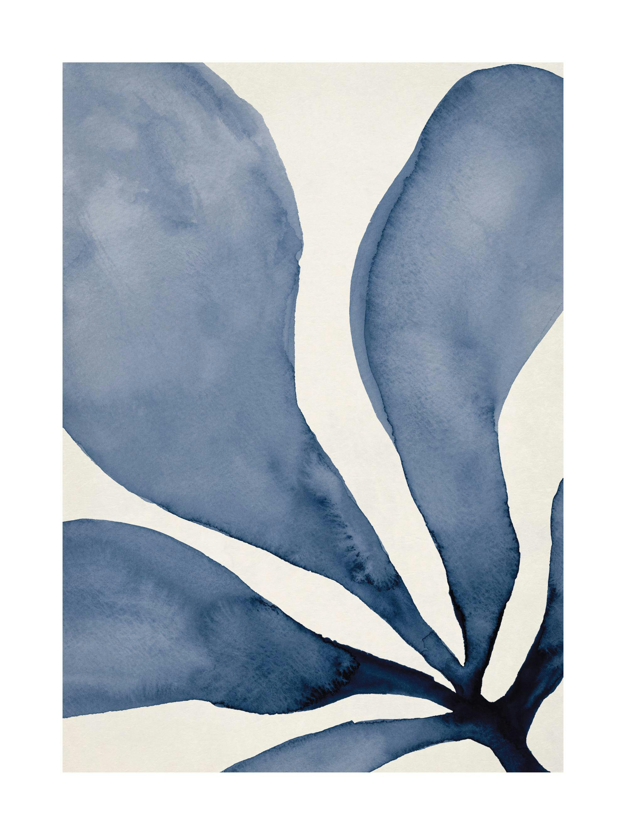 Watercolor blue seaweed print with thick leaves on a light beige background, a botanical poster print.