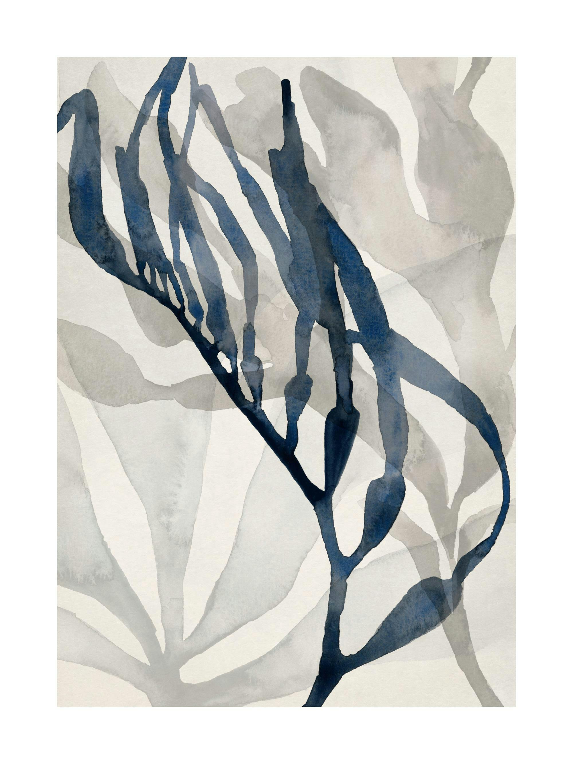 Watercolor seaweed print in blue and grey on a beige background, perfect as a poster.