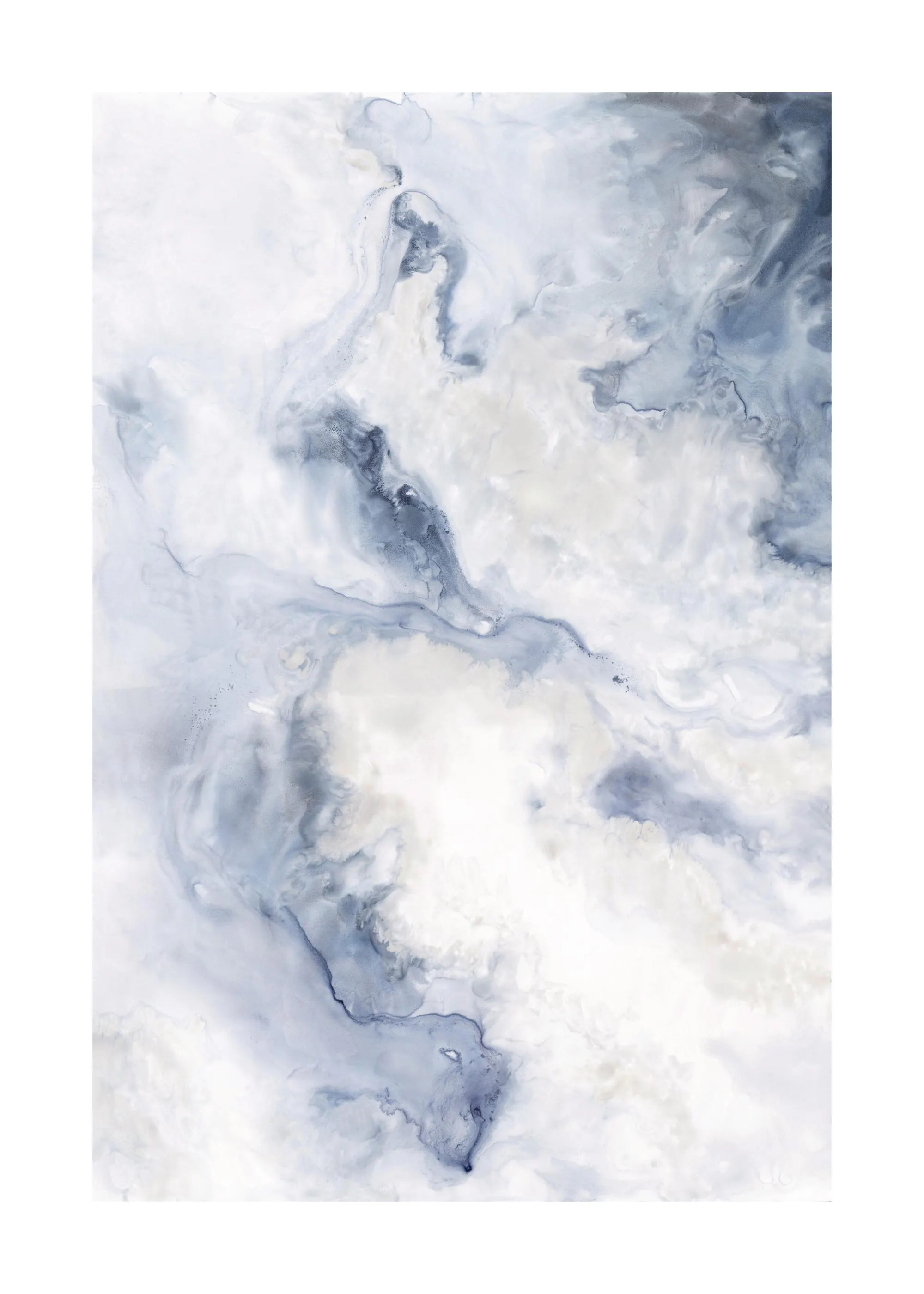 Blue and white abstract painting with a swirling, marbled pattern, evoking a calm, peaceful sea.