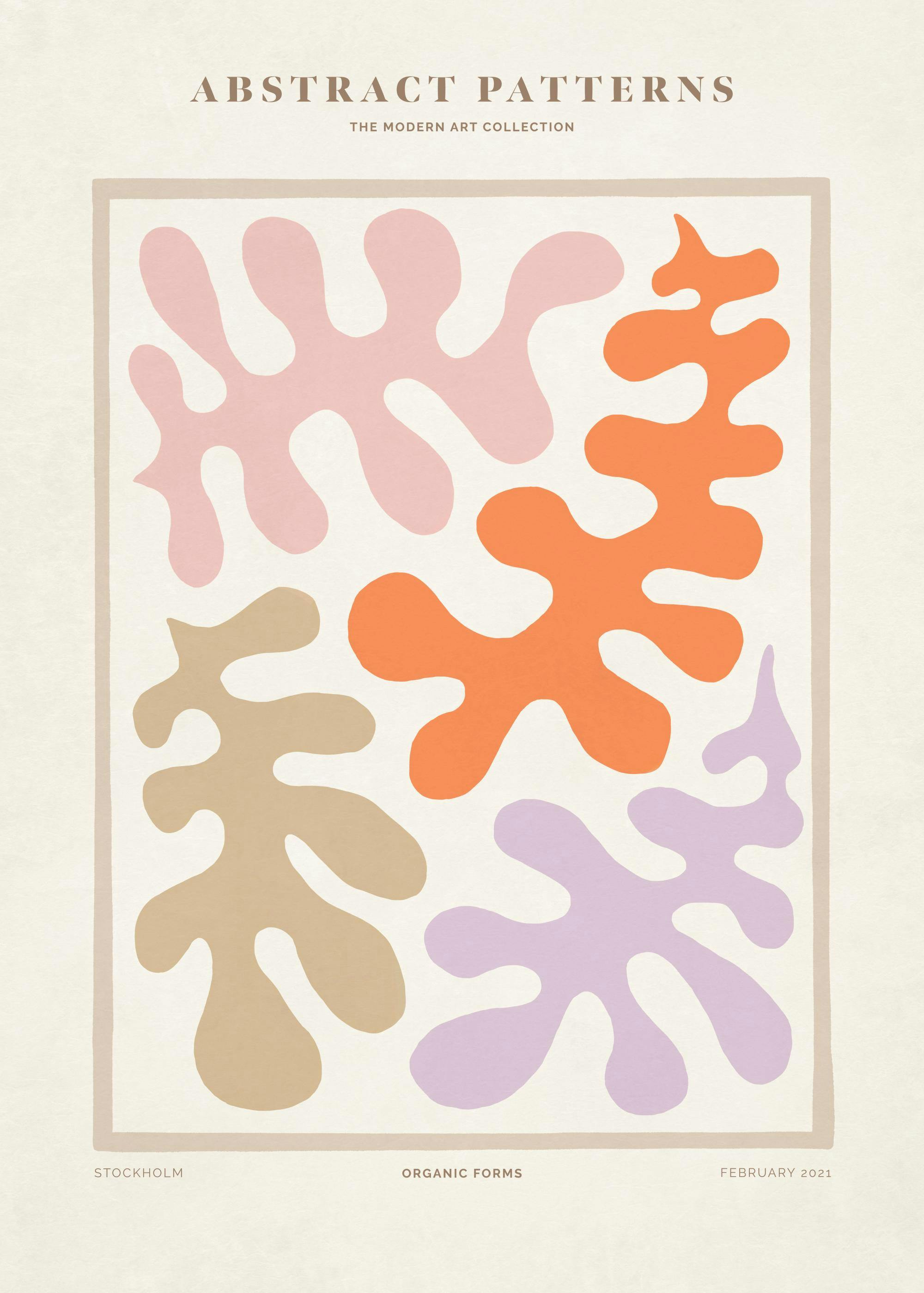 Póster de formas orgánicas con corales abstractos en rosa, naranja, beis y malva sobre fondo claro, estilo moderno.