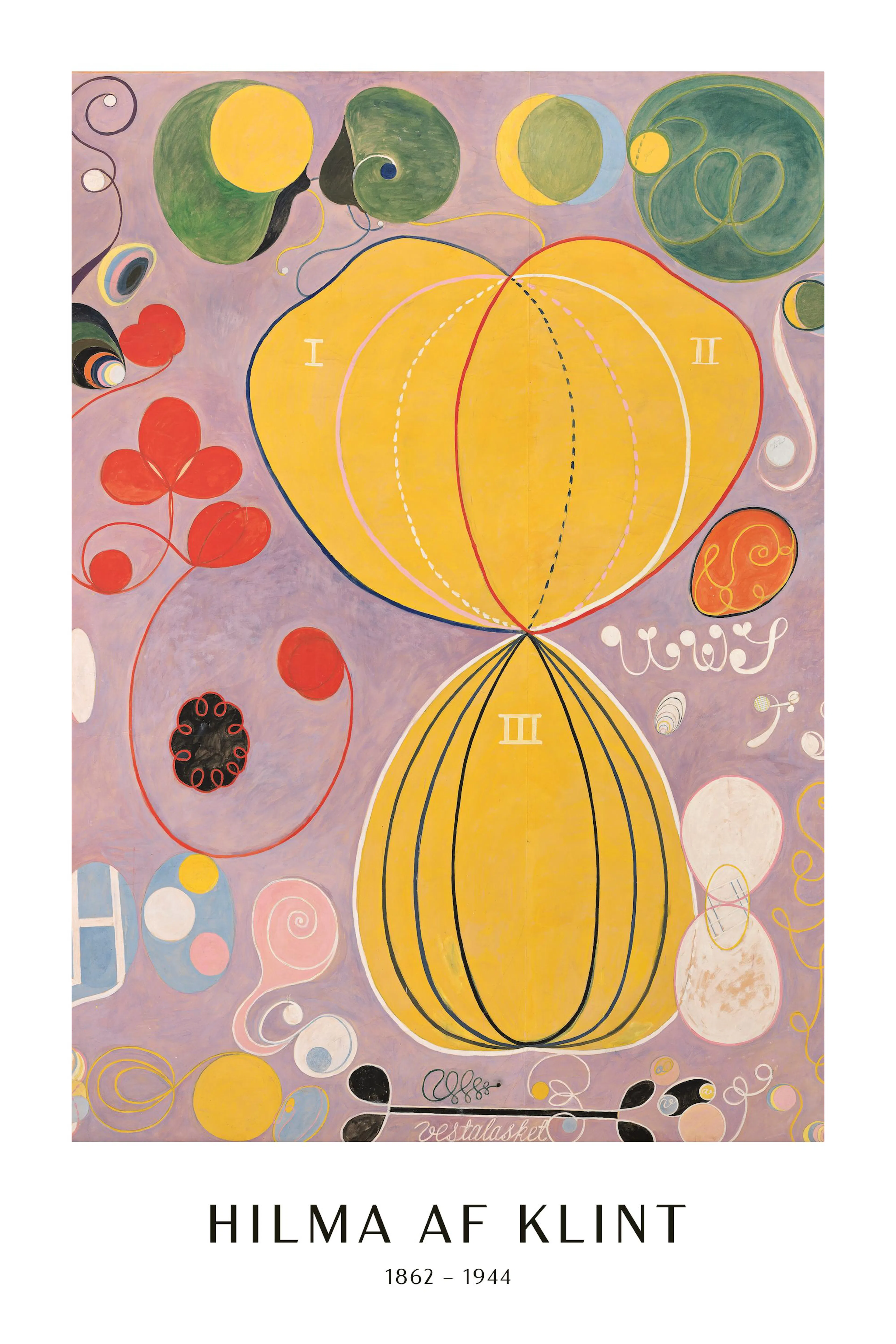 Hilma af Klints abstract painting The Ten Largest, Adulthood, No. 7 with vibrant shapes on a purple background.