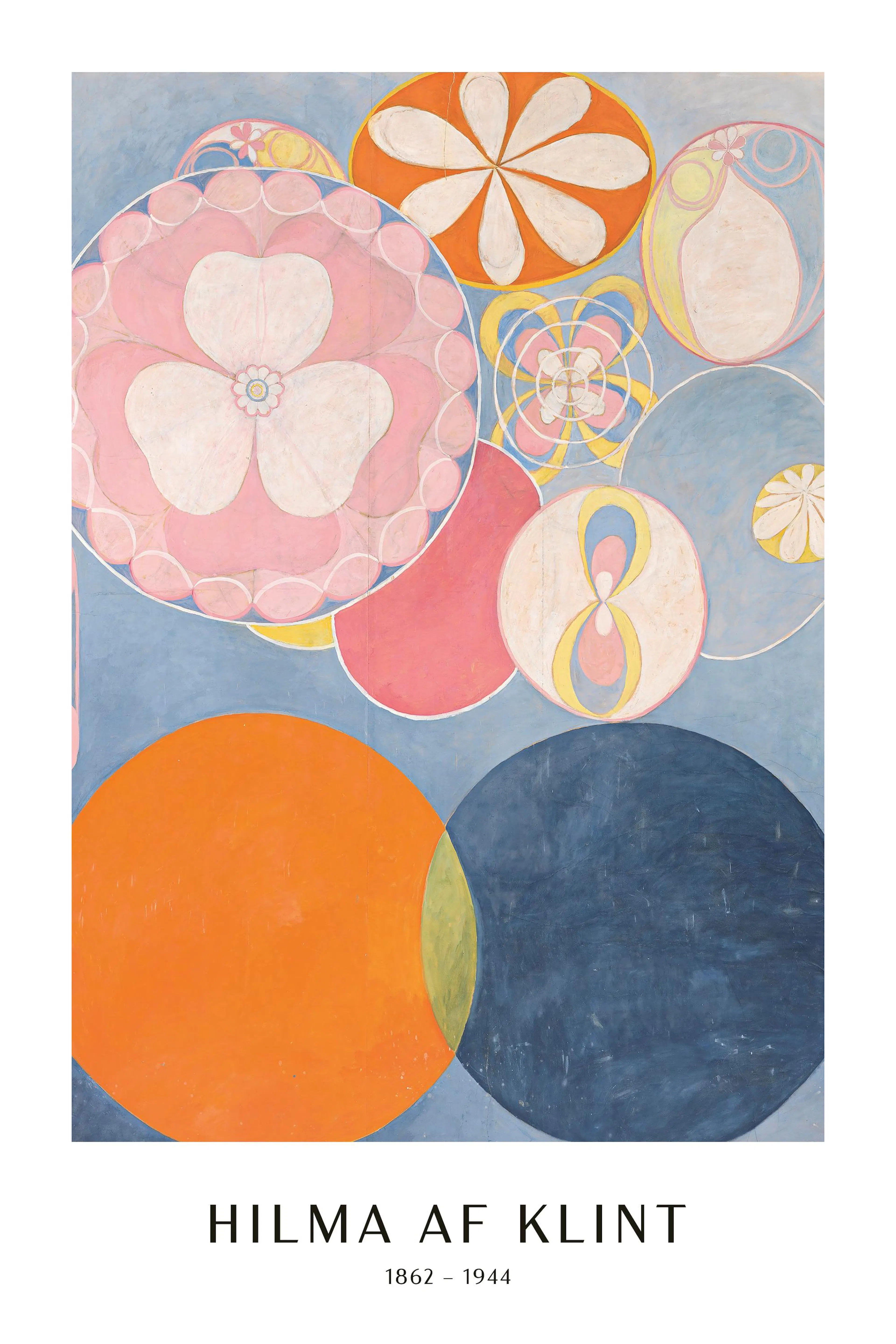 Abstrakt konst av Hilma af Klint med färgglada cirklar, rosa blommor och former mot en ljusblå bakgrund, Childhood, No. 2.