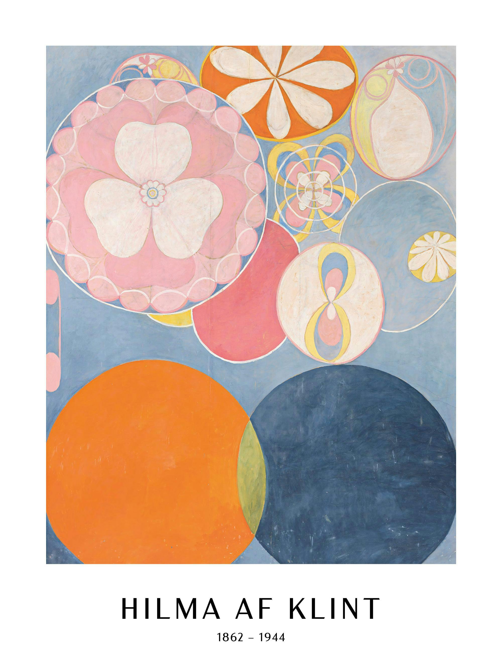Abstrakt konst av Hilma af Klint med färgglada cirklar, rosa blommor och former mot en ljusblå bakgrund, Childhood, No. 2.