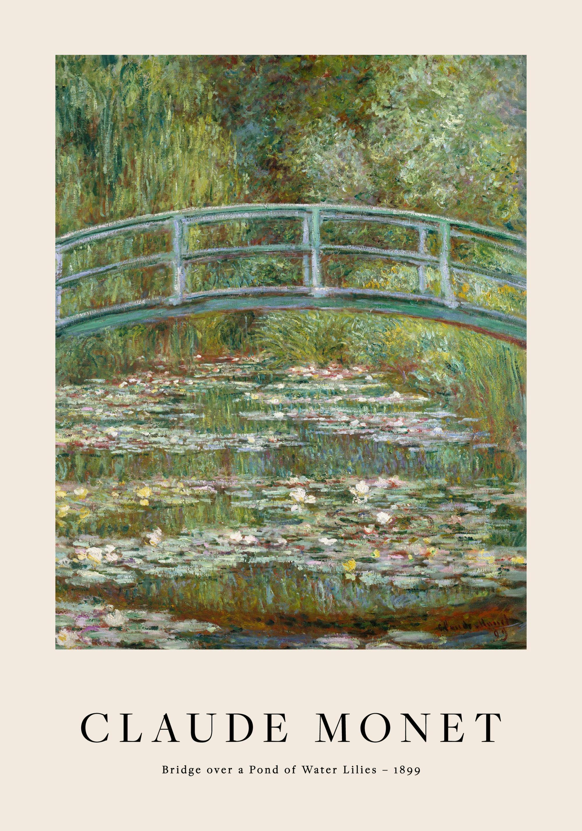 Monet-målning av en grön bro över en damm med näckrosor och frodig grönska i impressionistisk stil.