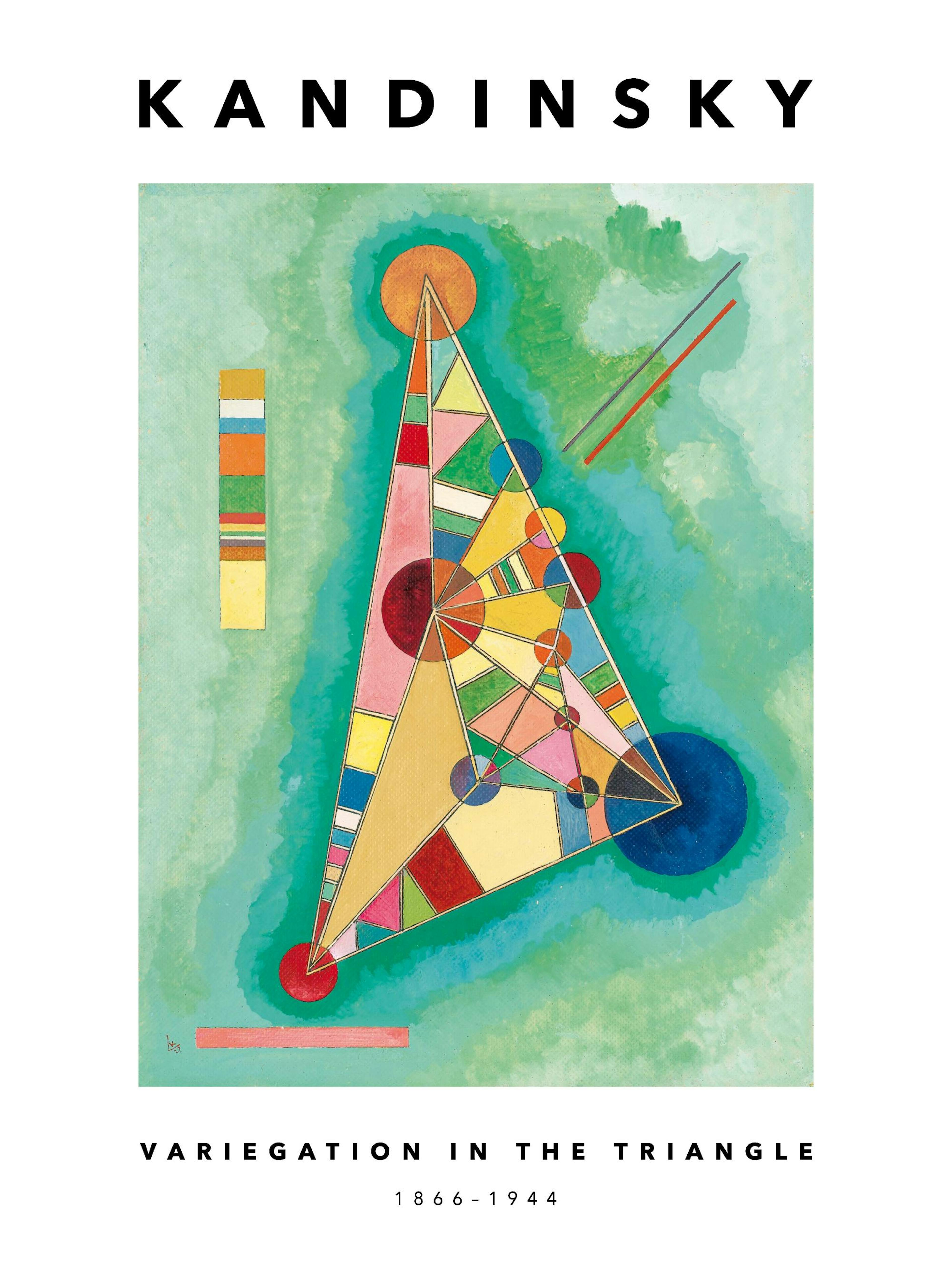 Póster Kandinsky, Variegación en el Triángulo, con figuras geométricas coloridas sobre un fondo verde abstracto.