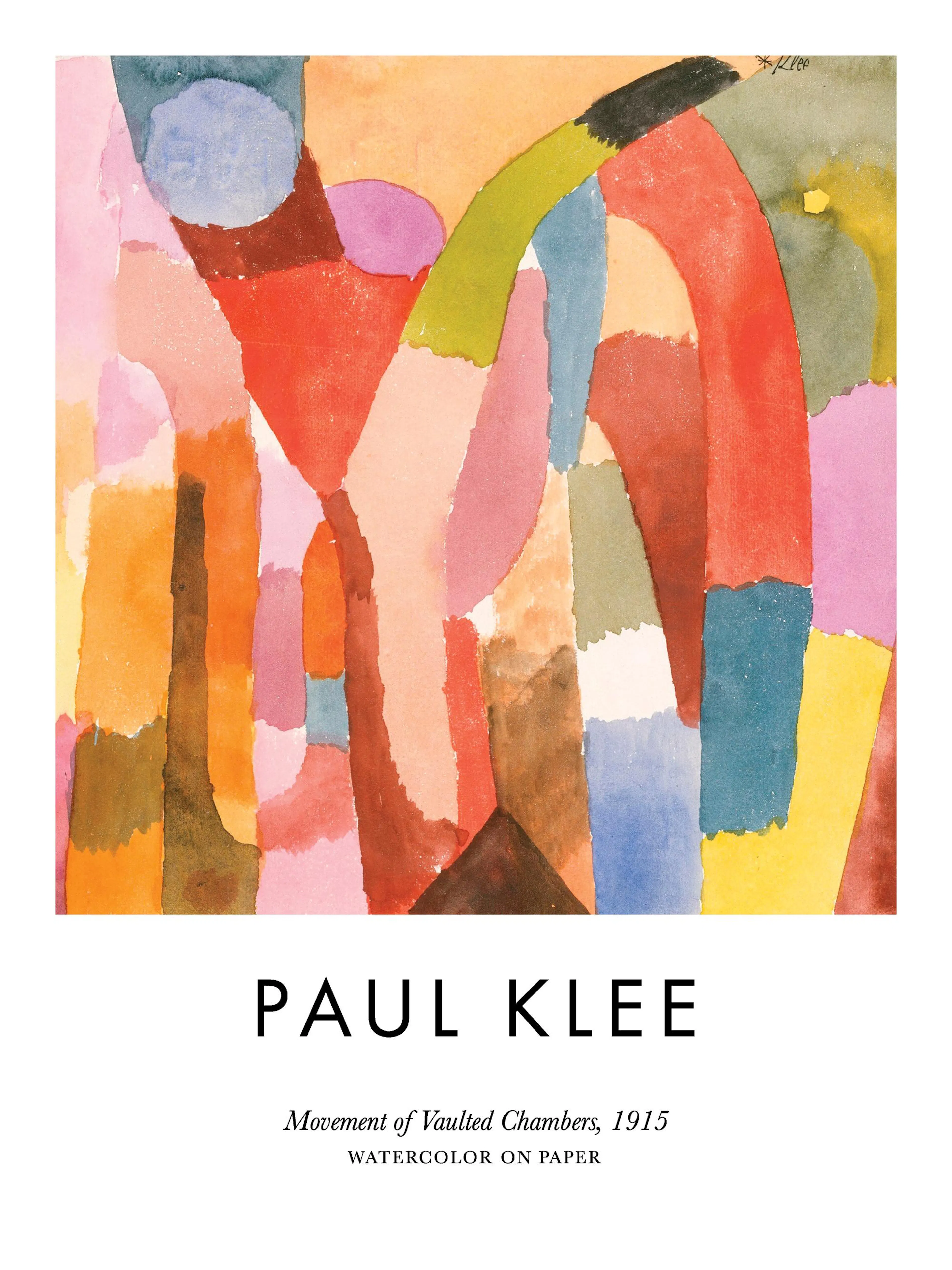 Paul Klees abstract watercolor poster, Movement of Vaulted Chambers, features vibrant, interconnected shapes in warm tones.