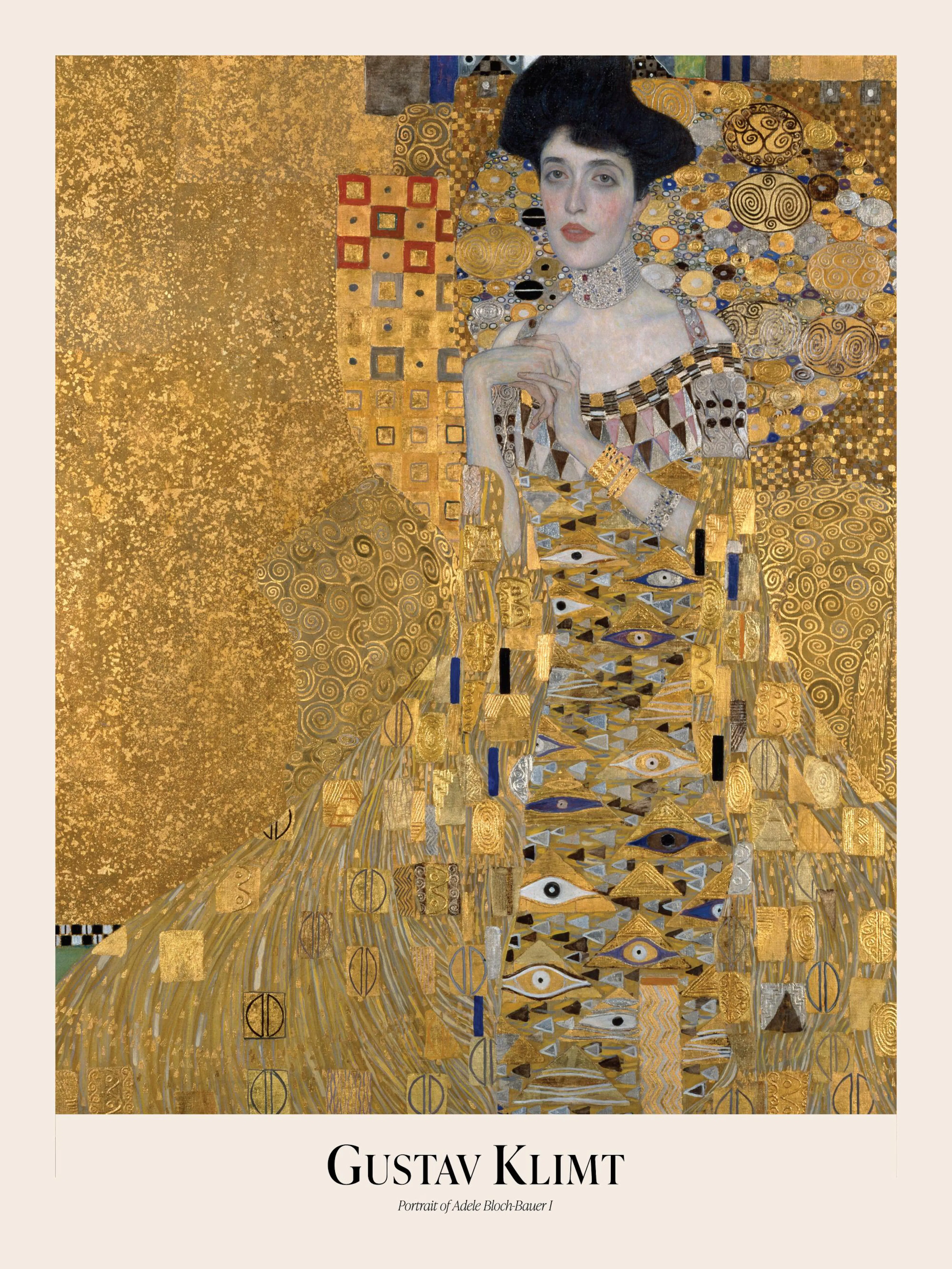 Gustav Klimt Poster: Adele Bloch-Bauer I, goldene abstrakte Frau mit Mustern, roten und blauen Details.