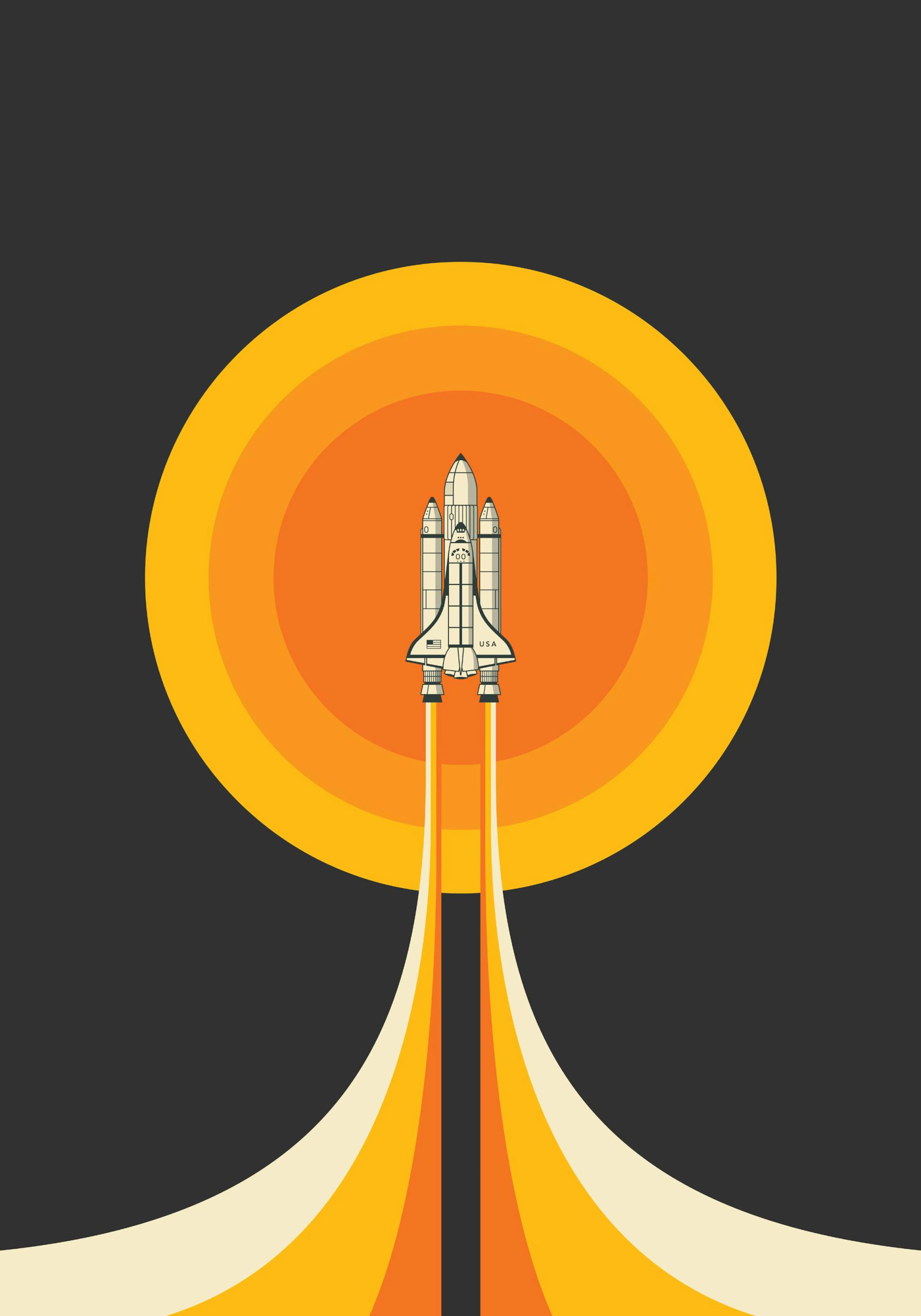 Graphic illustration of a space shuttle launching, with orange and yellow circles in the background and a dark grey sky.