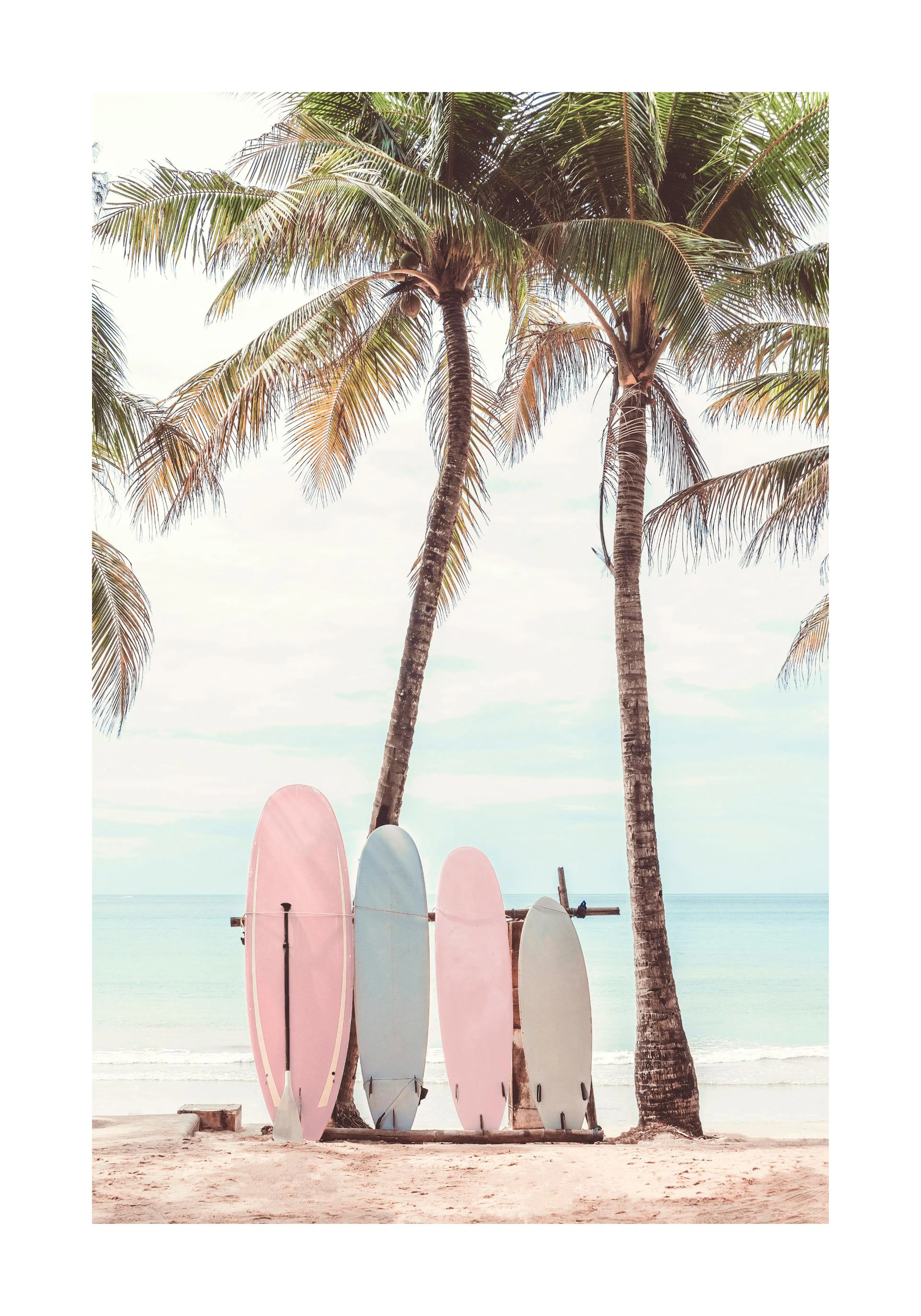 Fotografie von rosa und blauen Surfbrettern, die am Strand unter Palmen lehnen, mit dem Meer im Hintergrund. Stranddekor Poster.