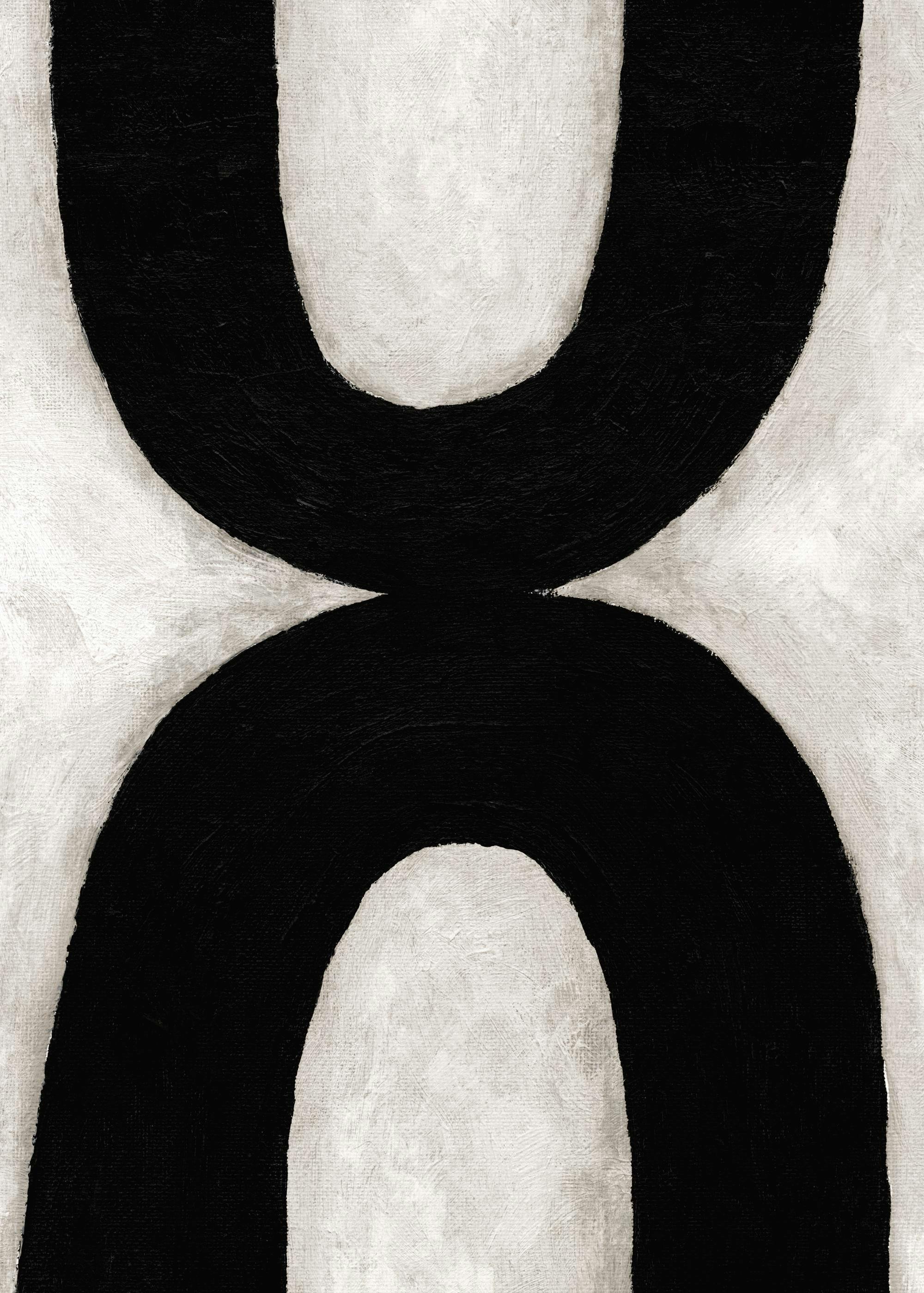 Graphic art poster with two thick black arches on a textured beige background, creating an abstract, bold design.