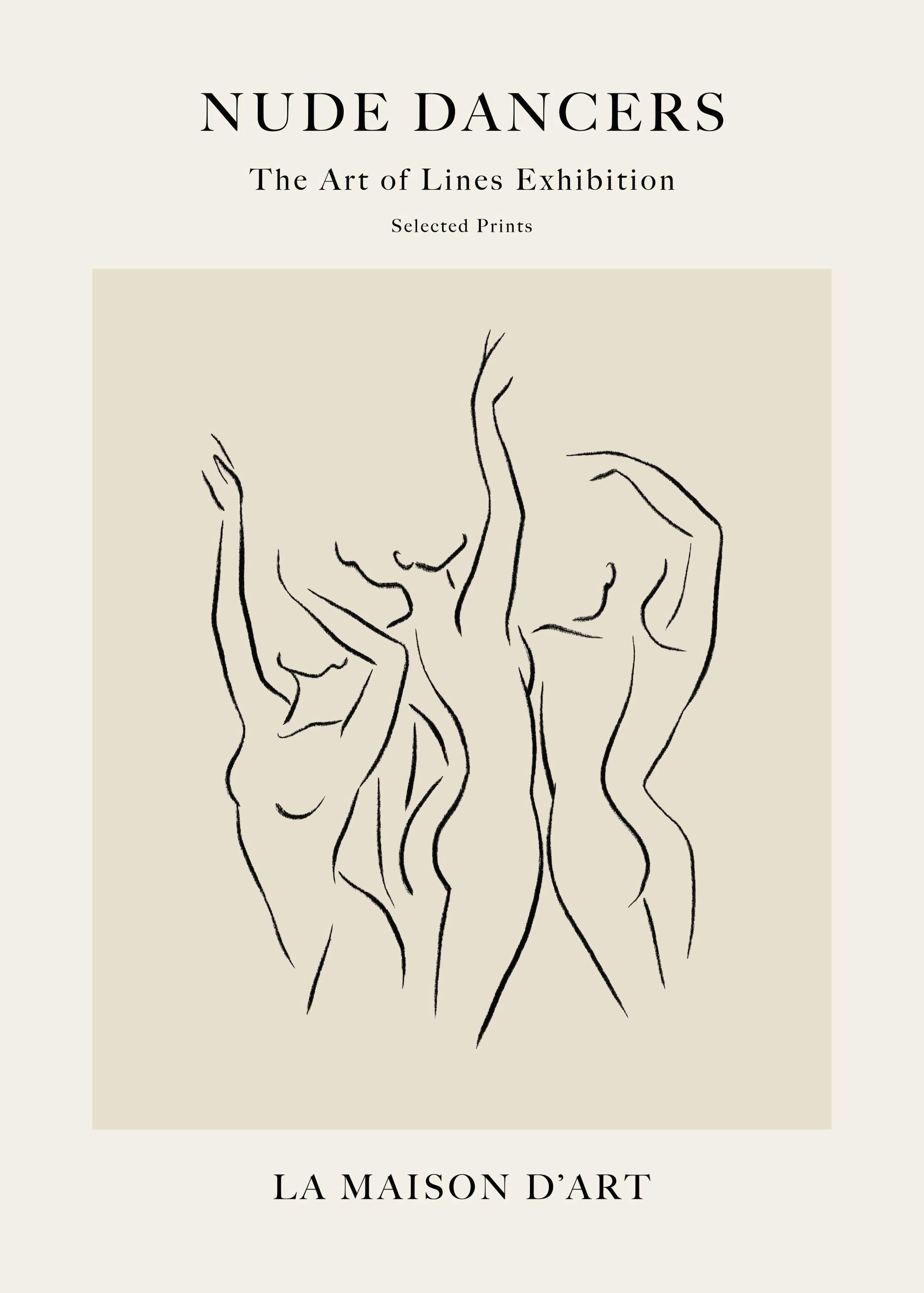 Line art poster of three naked dancing women in black on a beige background, modern contemporary style.