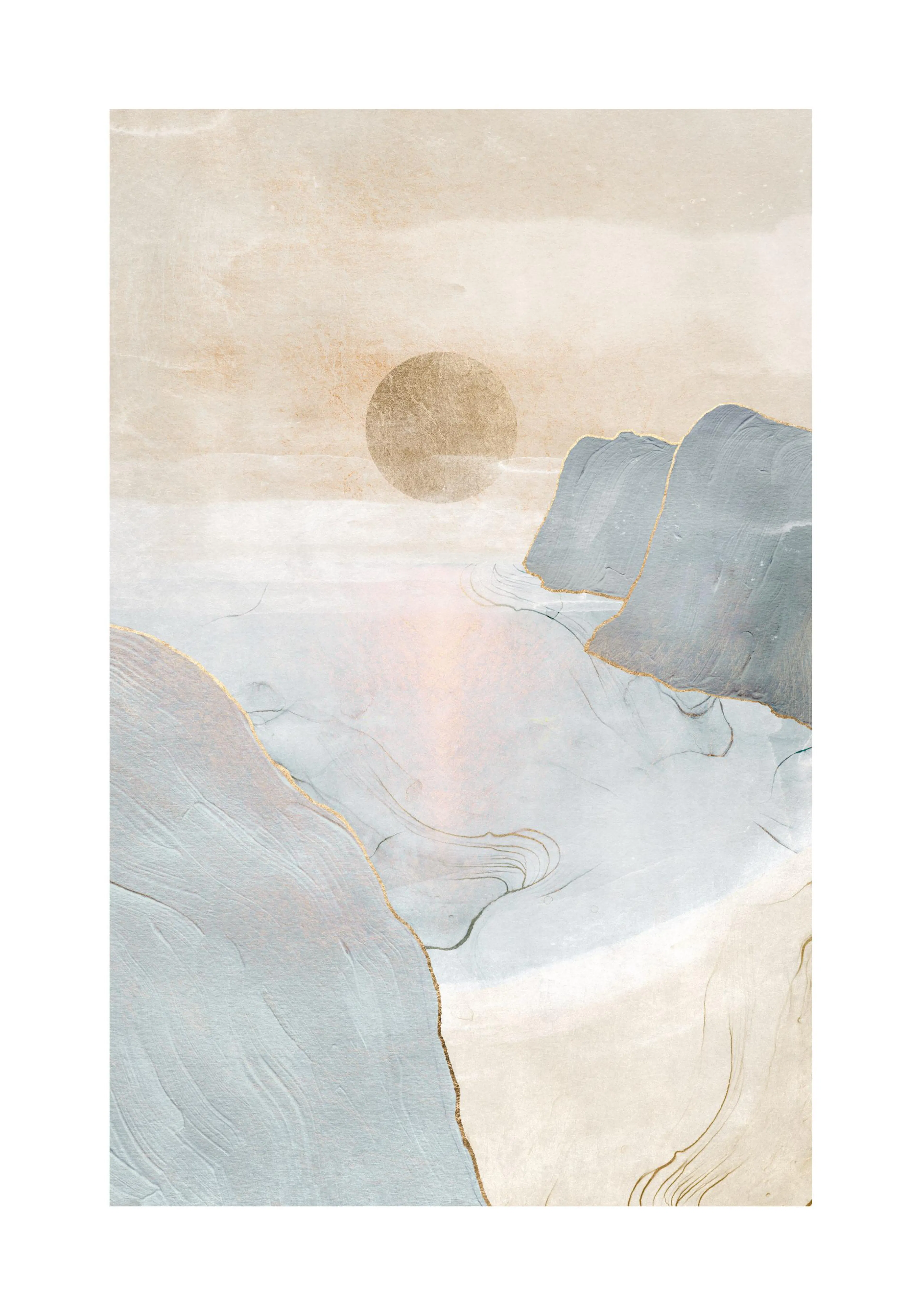 Abstrakte Sonnenuntergangs-Malerei in Pastellblau, Beige und Goldtönen mit Hügeln und Wasser.