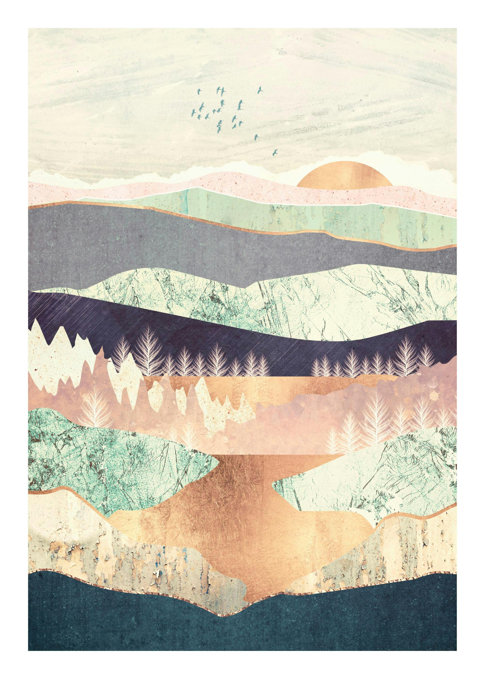 Affiche paysage abstrait avec des tons or, rose, bleu, vert, et motifs variés comme le marbre. Style moderne.