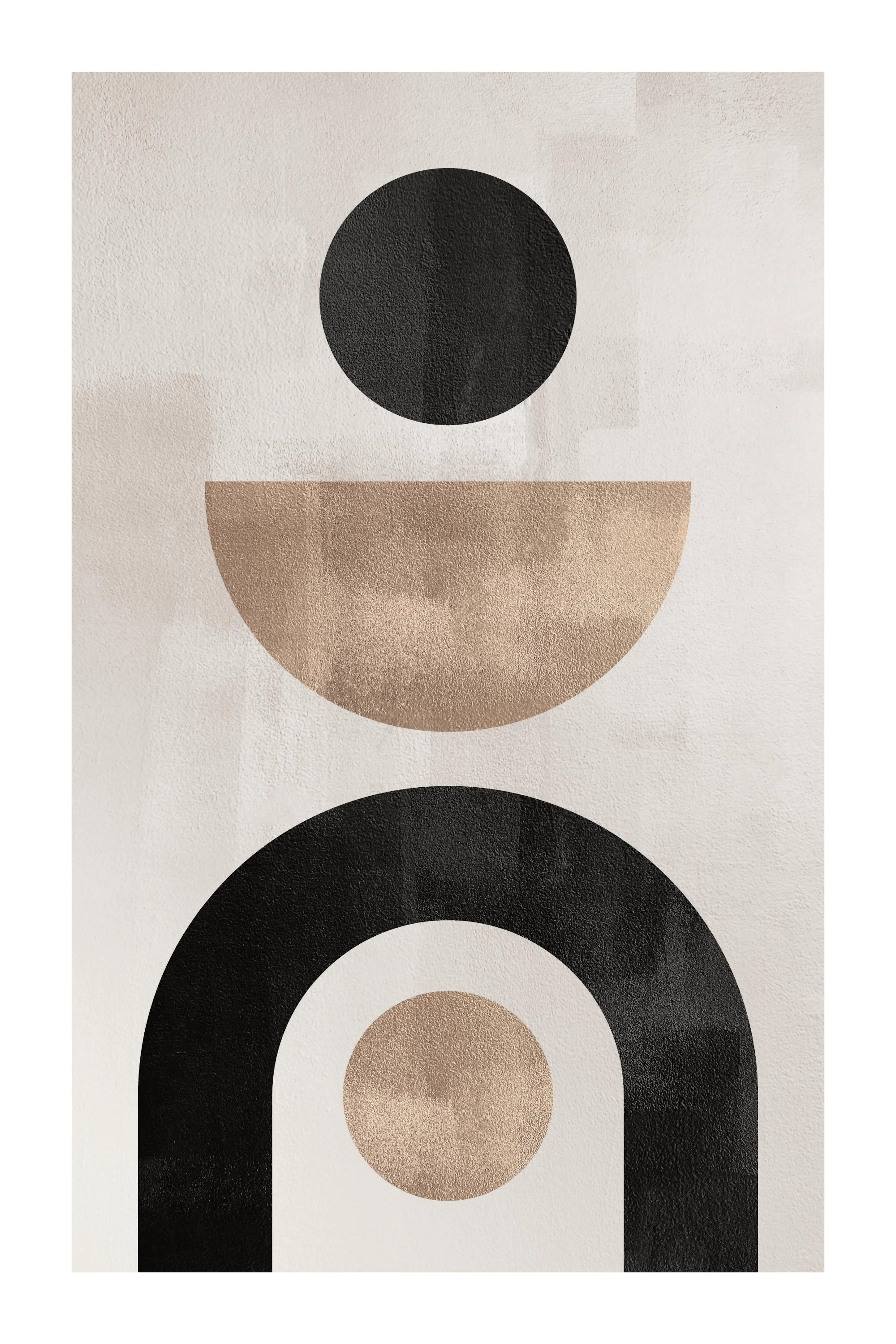 Grafisches Poster mit schwarzen und beigen Formen, Kreisen und Bögen auf graubeigem Hintergrund mit Farbeffekt.