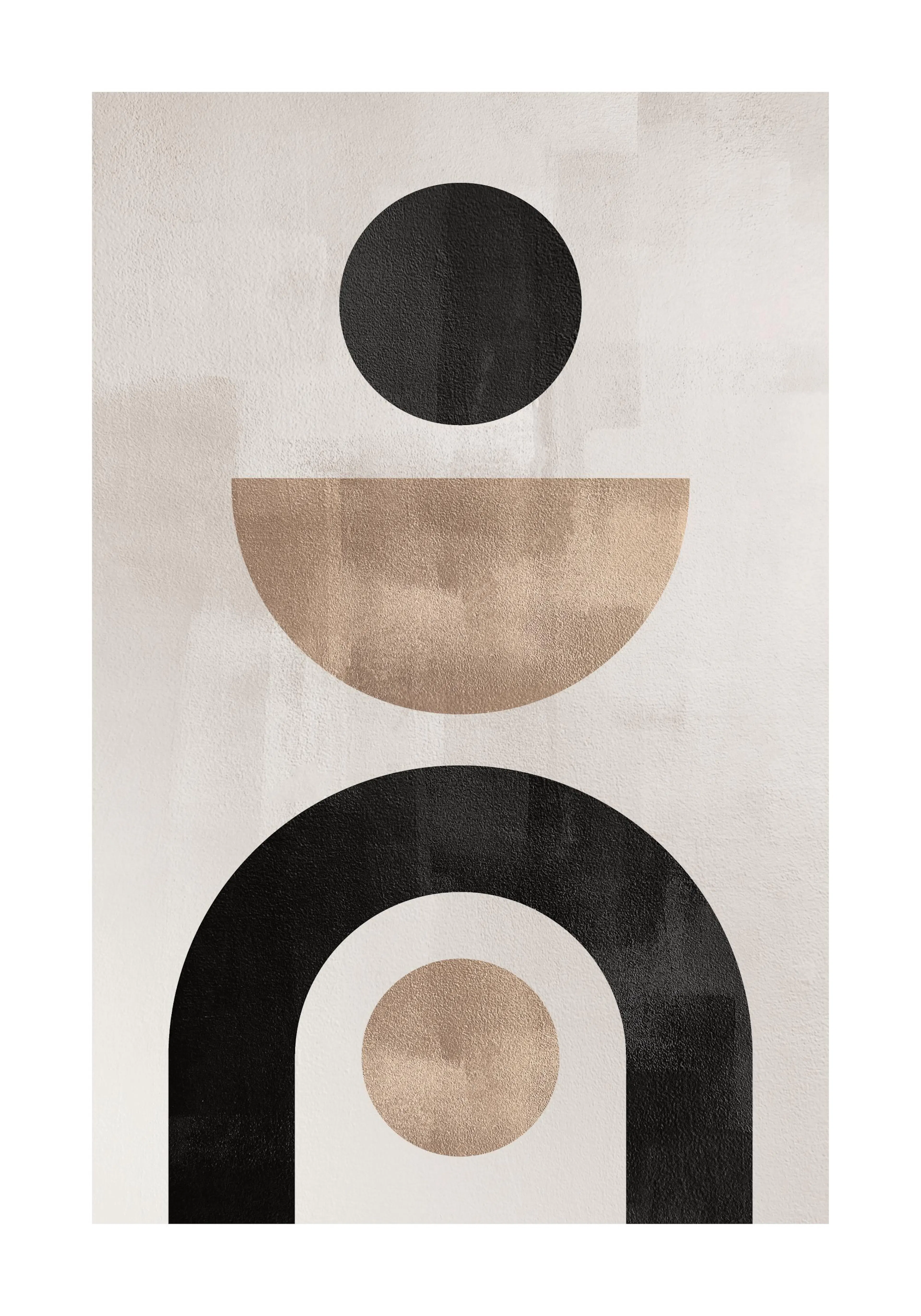 Graphic illustration poster with black and beige shapes and circles against a grey-beige background with an uneven colour effect
