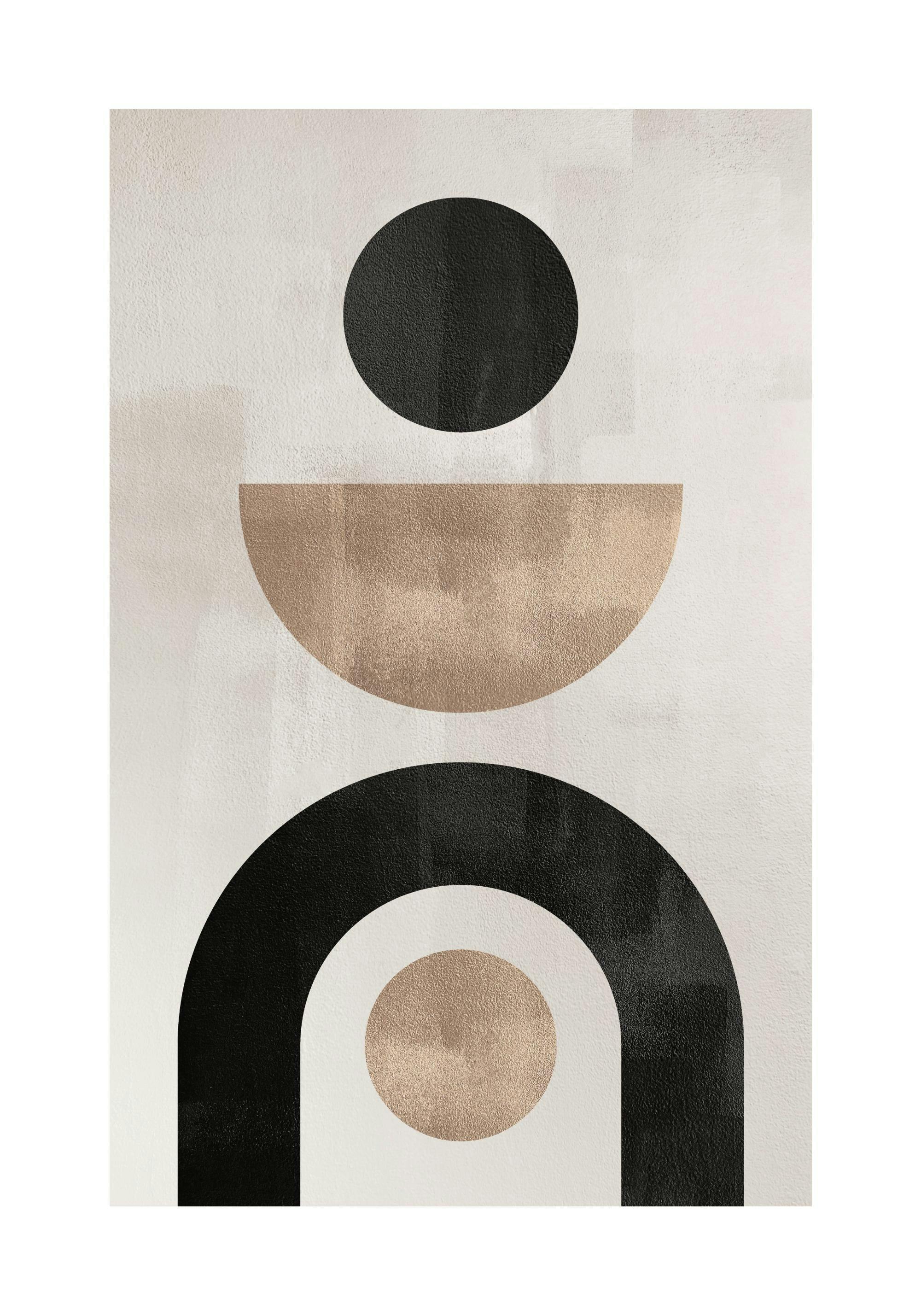 Pôster de formas abstratas geométricas em preto e bege em fundo cinza-bege, com efeito de cor irregular. Arte moderna minimalist