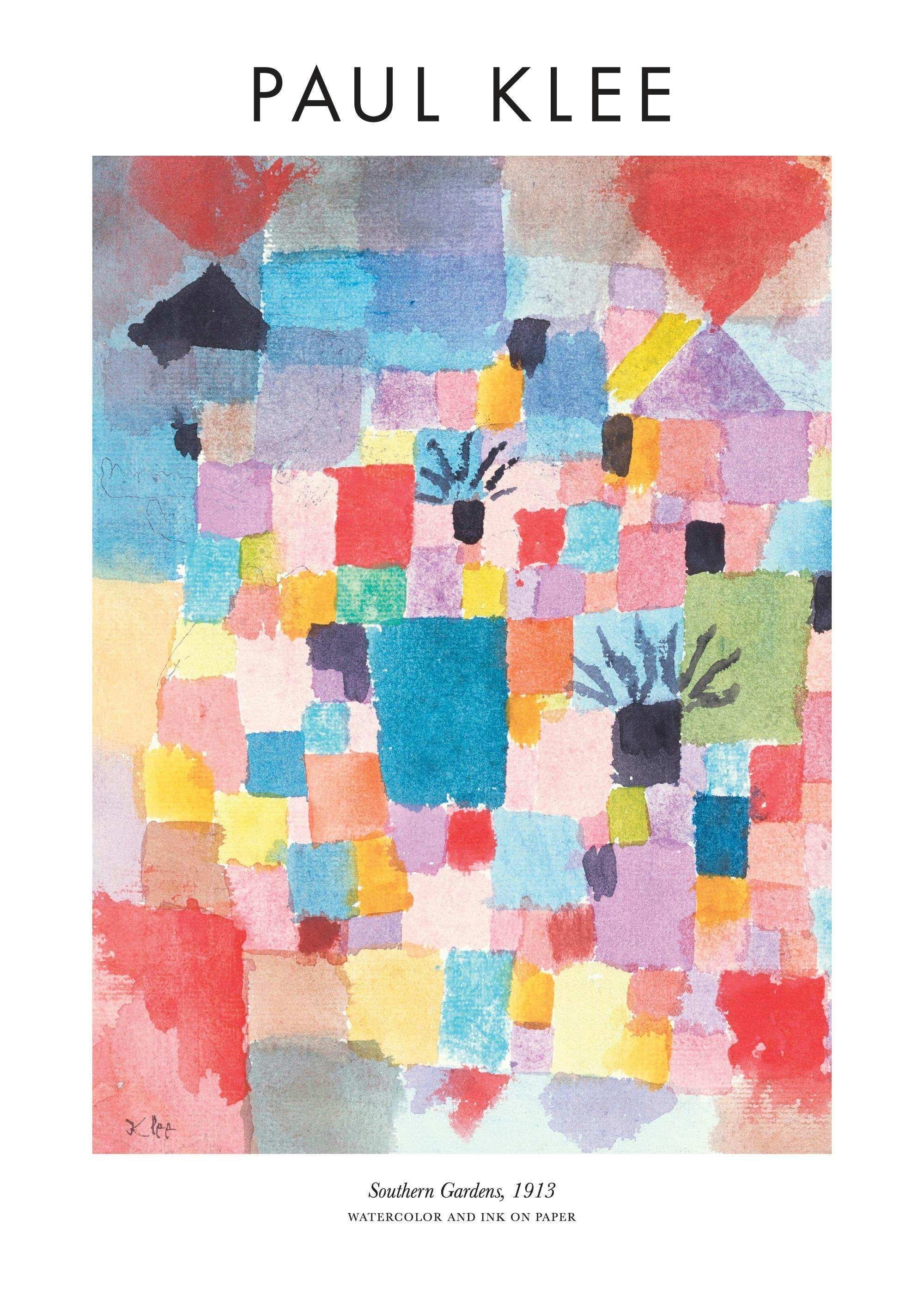 Paul Klee poster met abstracte kleurrijke vierkanten en vormen, waaronder planten en een driehoek