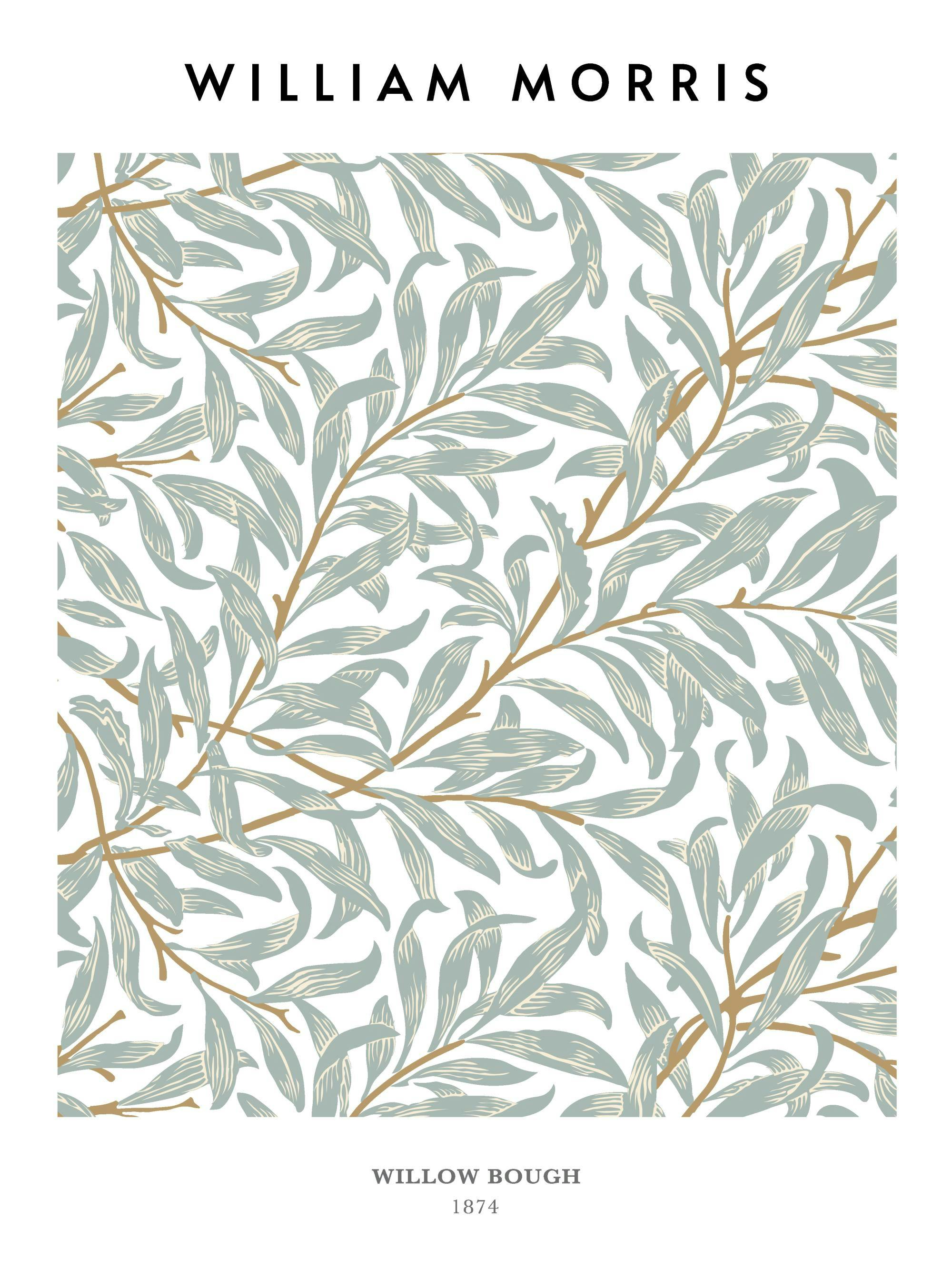 William Morris Plakat Willow Bough, zielone liście i beżowe gałązki na jasnym tle, wzór botaniczny.