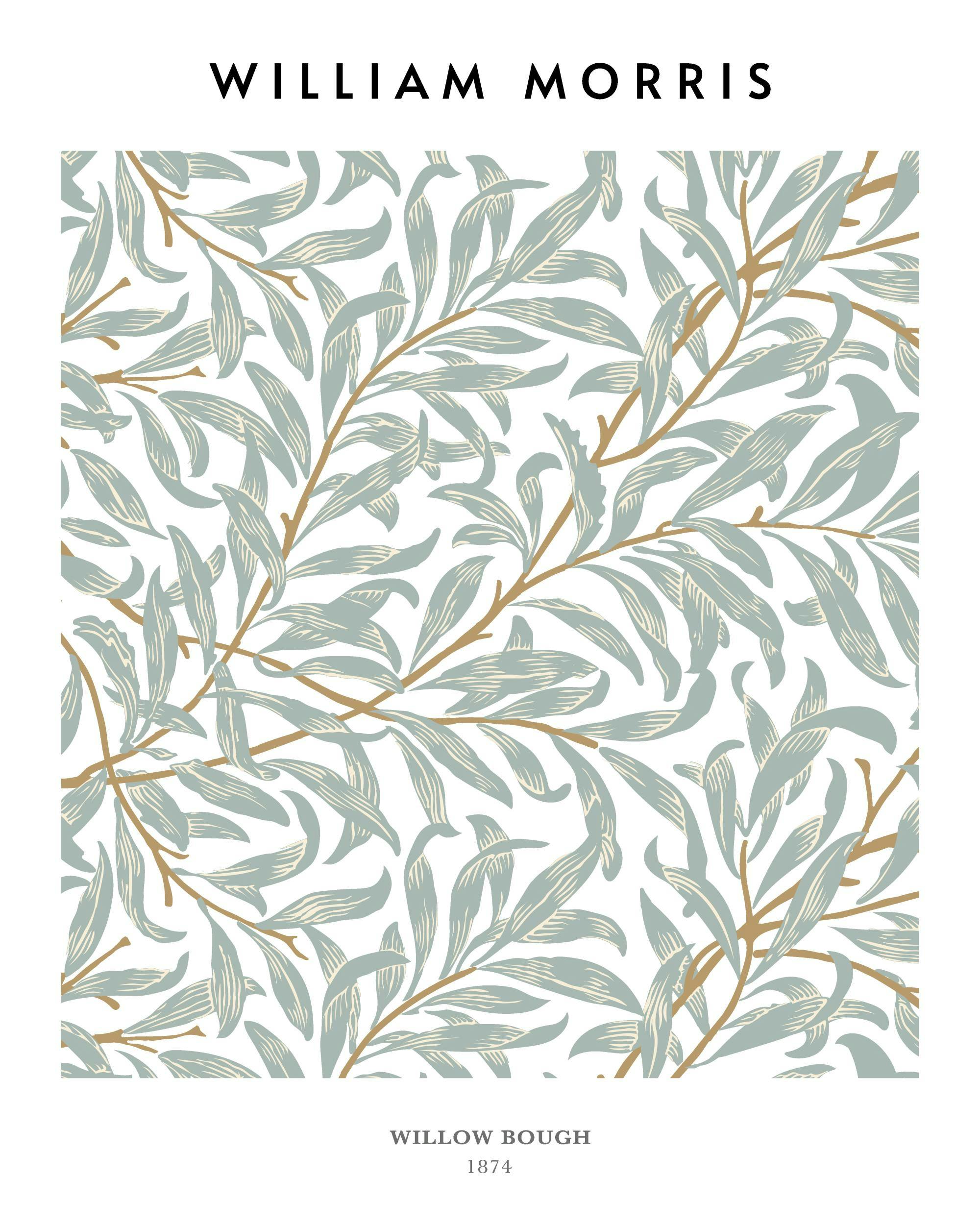 William Morris Willow Bough poster med gröna blad och beige kvistar på ljus bakgrund, klassiskt mönster.