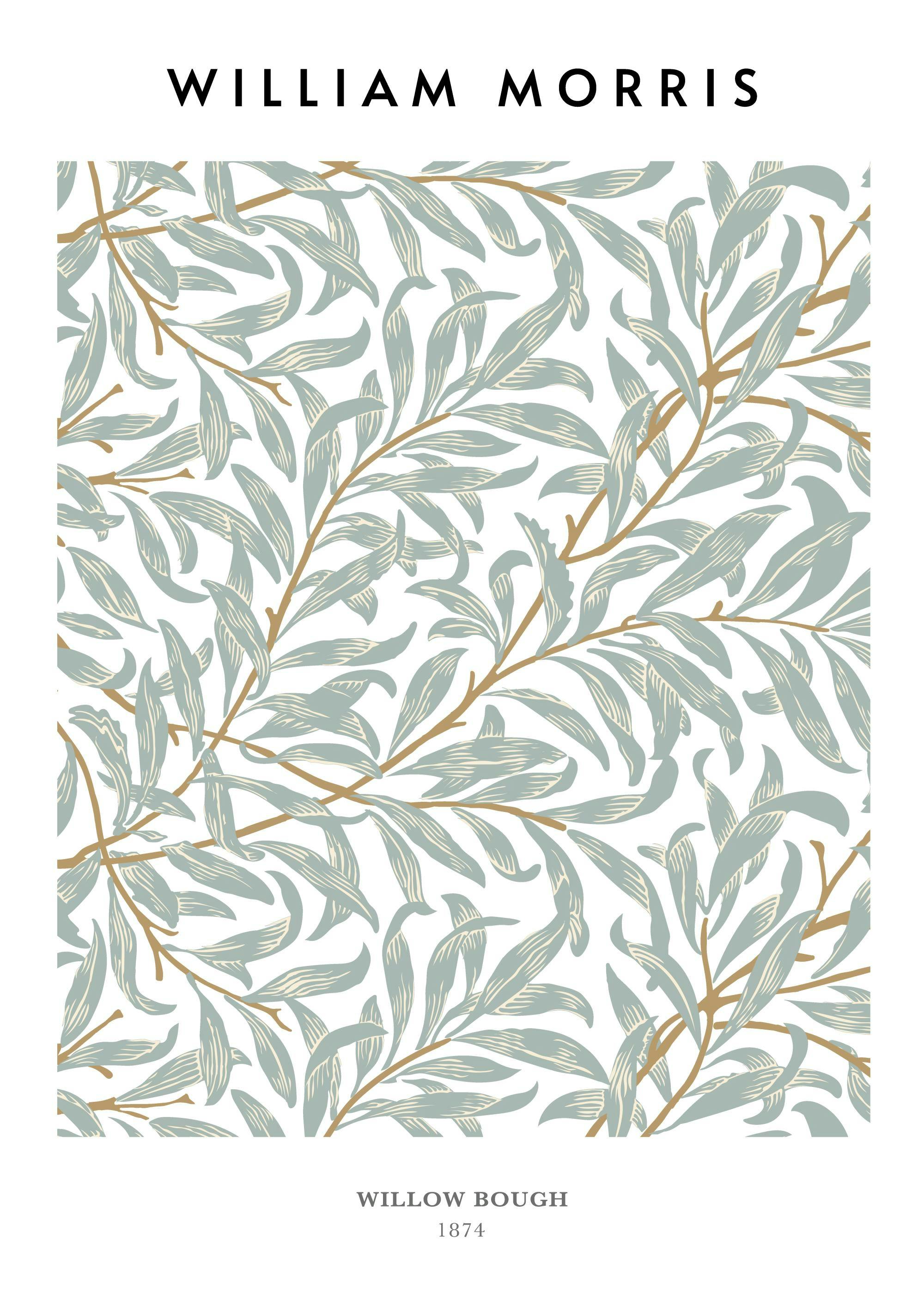 William Morris Willow Bough print with green leaves and beige branches on a light background.