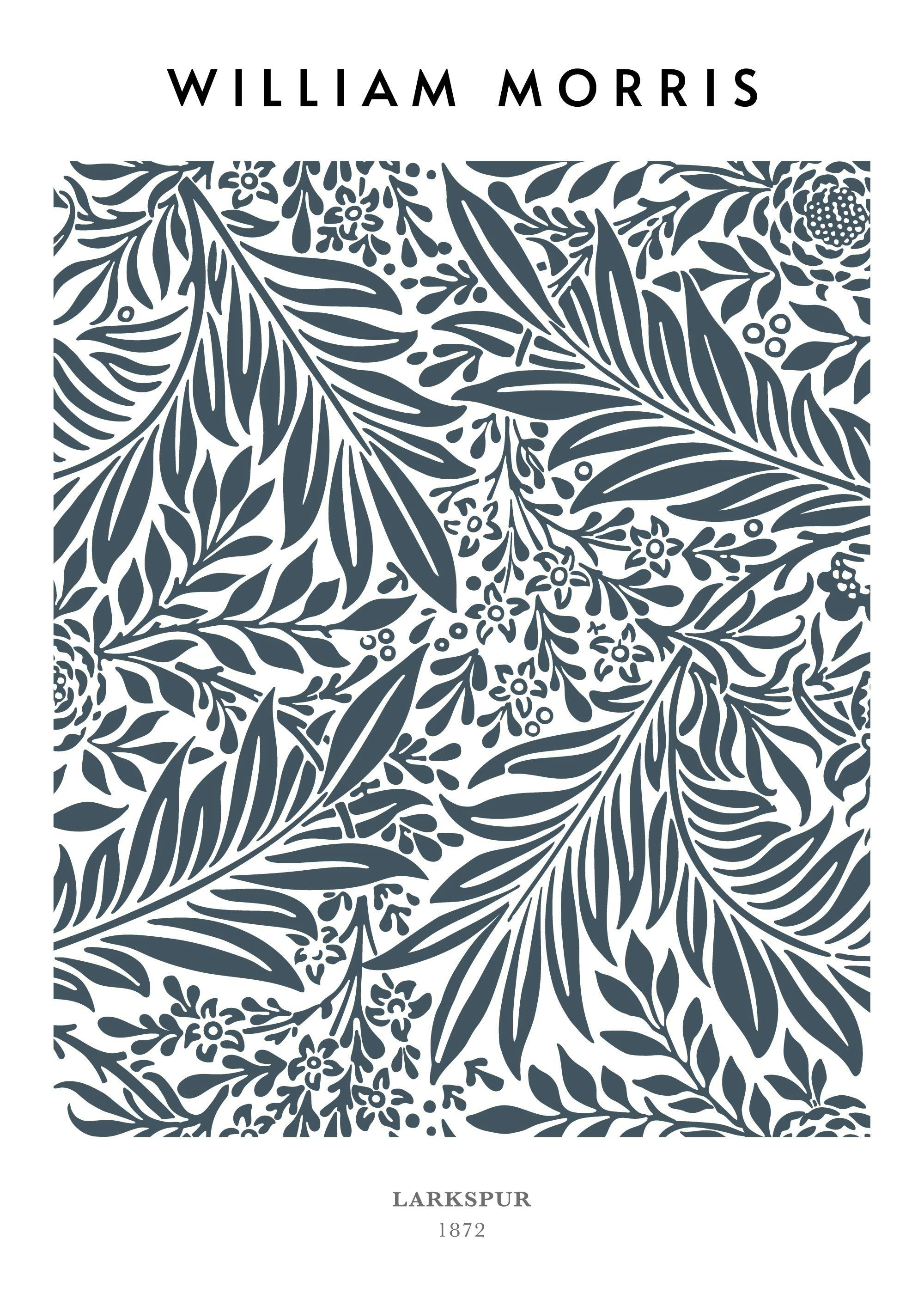 William Morris Larkspur poster featuring a dark blue-grey botanical leaf and flower pattern on a light background.