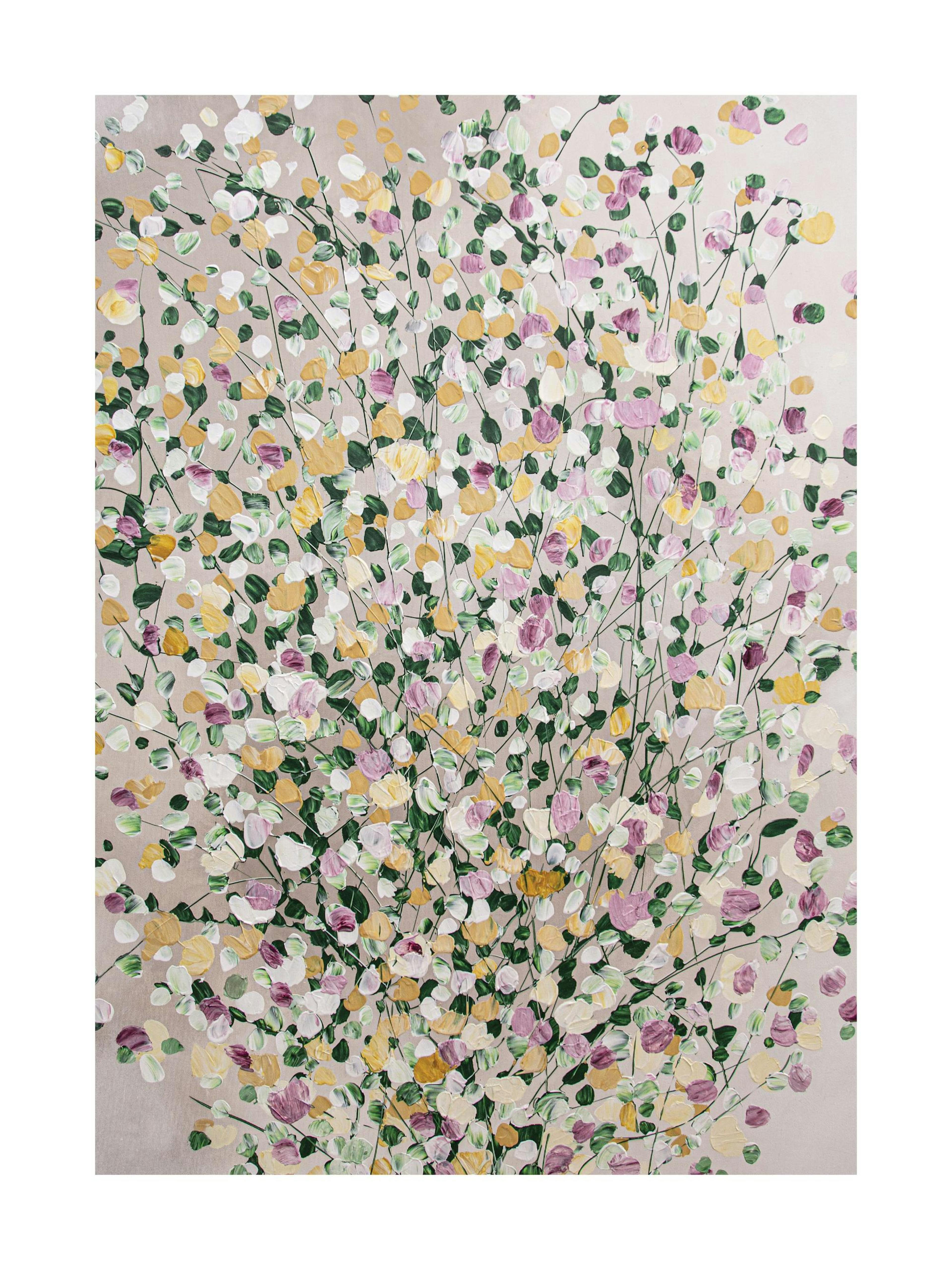Abstract leaf print with colorful dots on a grey background, perfect as a poster.