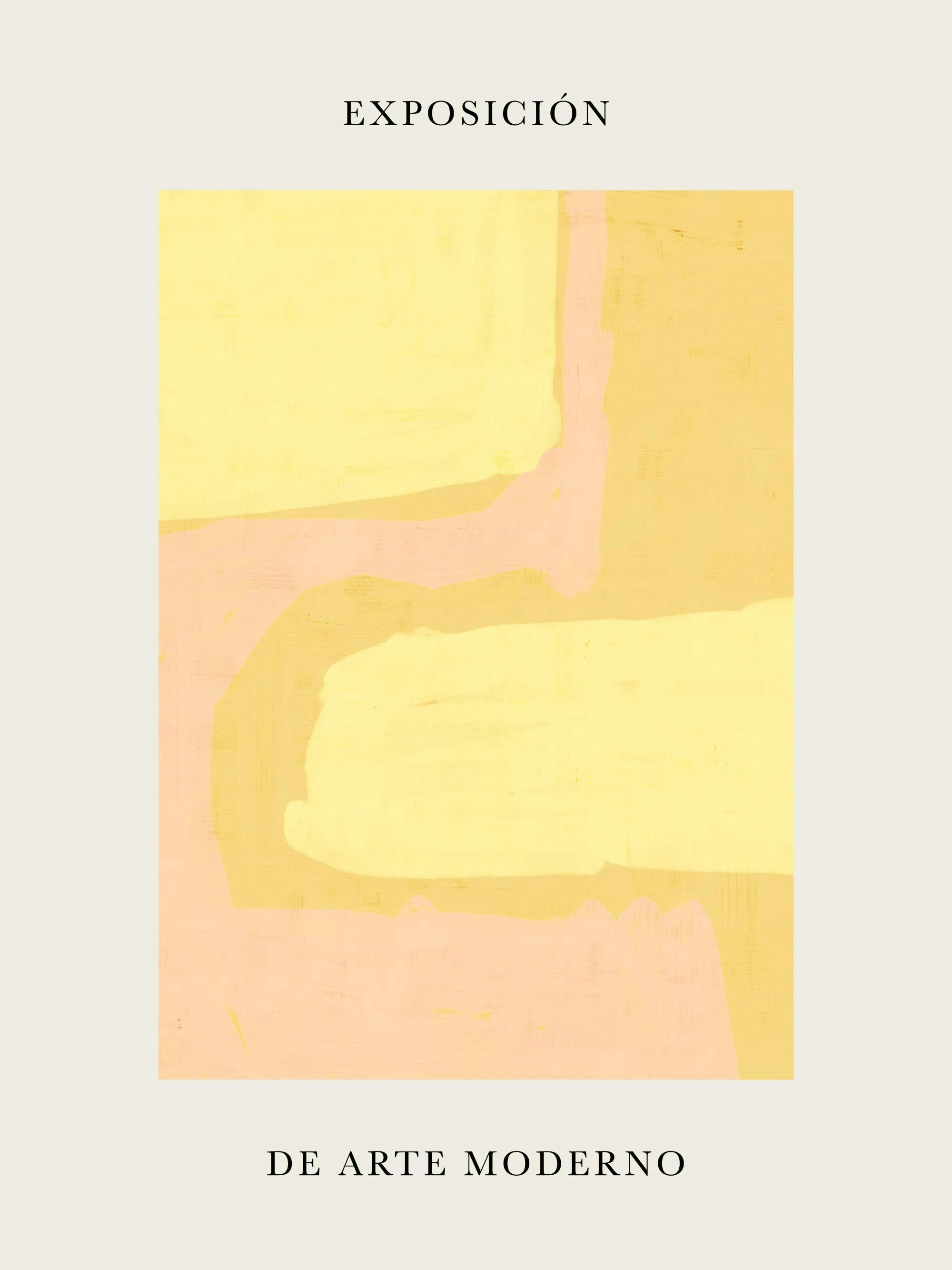 Grafisk abstrakt poster med gula och ljusrosa former med fläckig struktur mot en ljus bakgrund, texten EXPOSICIÓN och DE ARTE MO