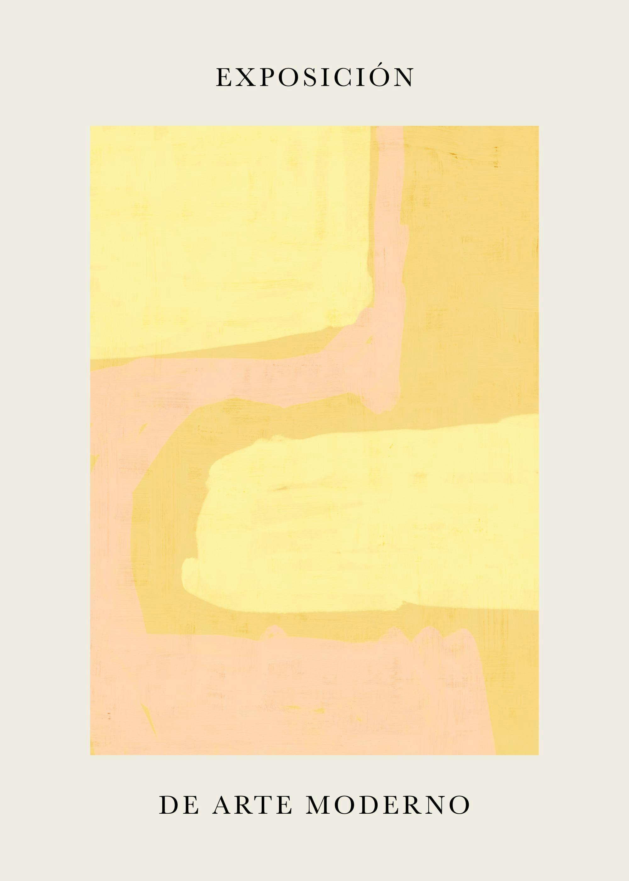 Affiche avec des formes abstraites rose clair et jaune sur un fond clair et du texte en typographie noire