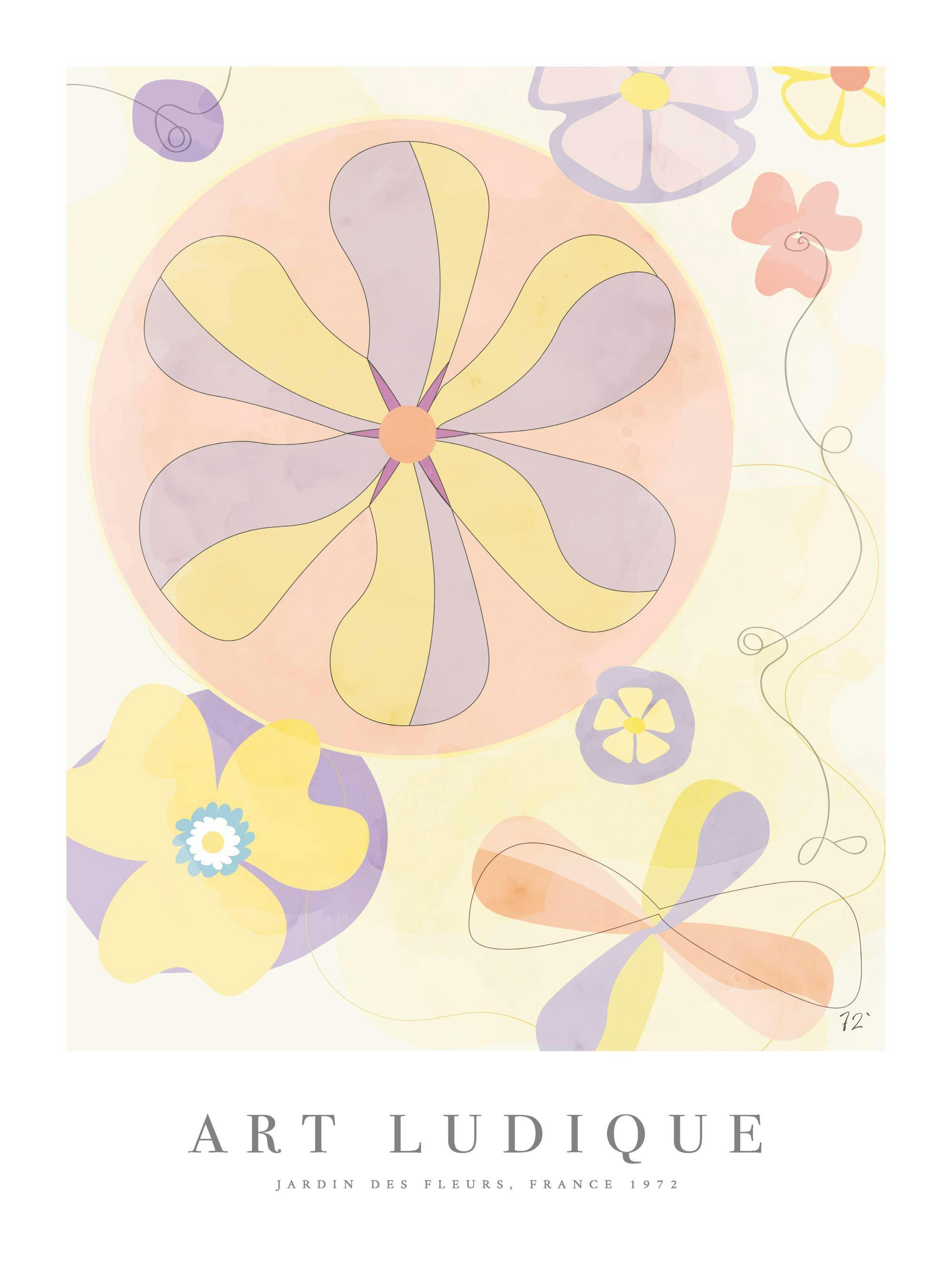 Konstposter med lekfulla abstrakta blommor i rosa, lila och gult mot en ljus bakgrund, med ojämn struktur.