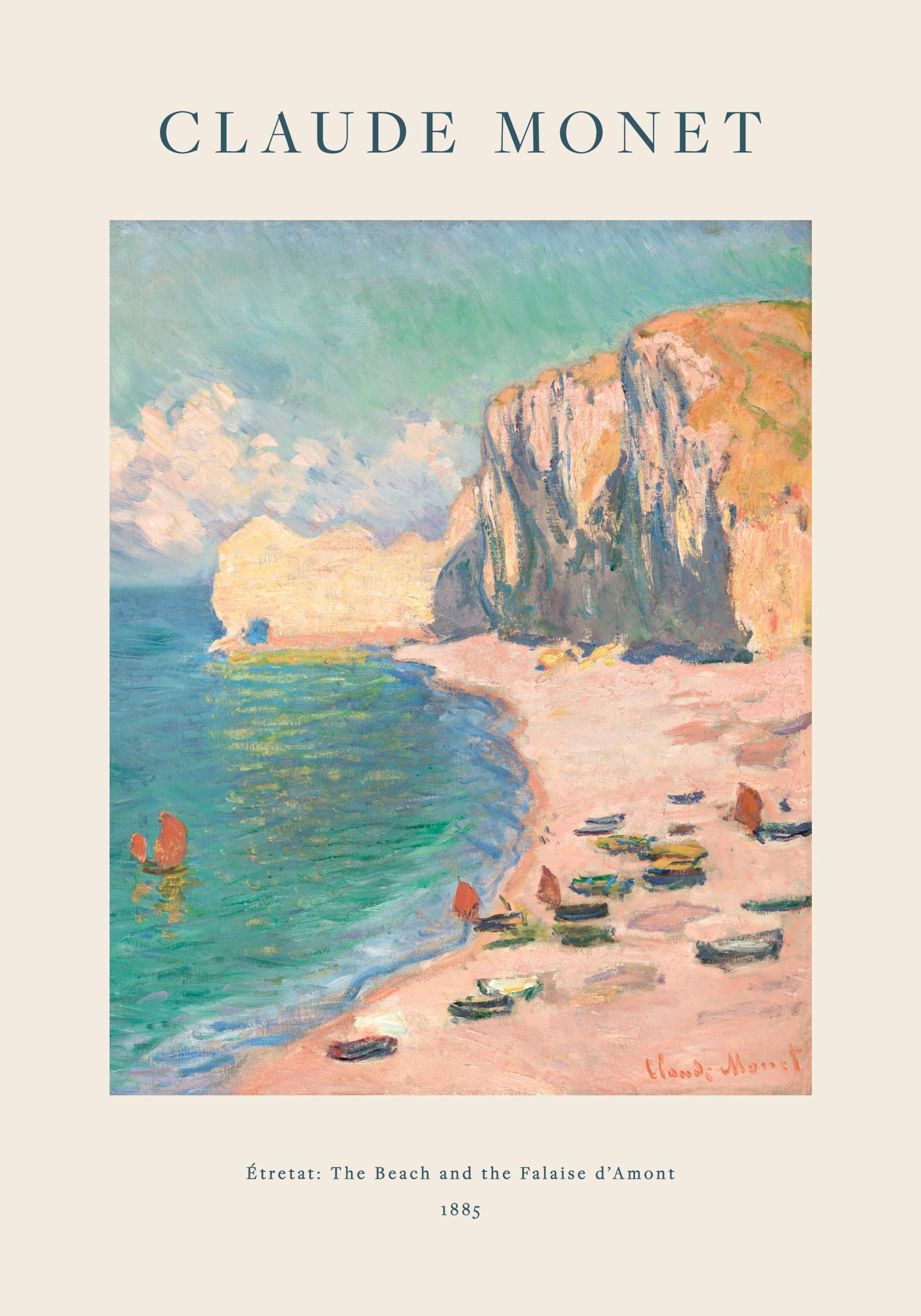 Póster de Monet, La playa y la Falaise dAmont, con acantilados, playa de arena y barcos de pesca en la orilla del mar