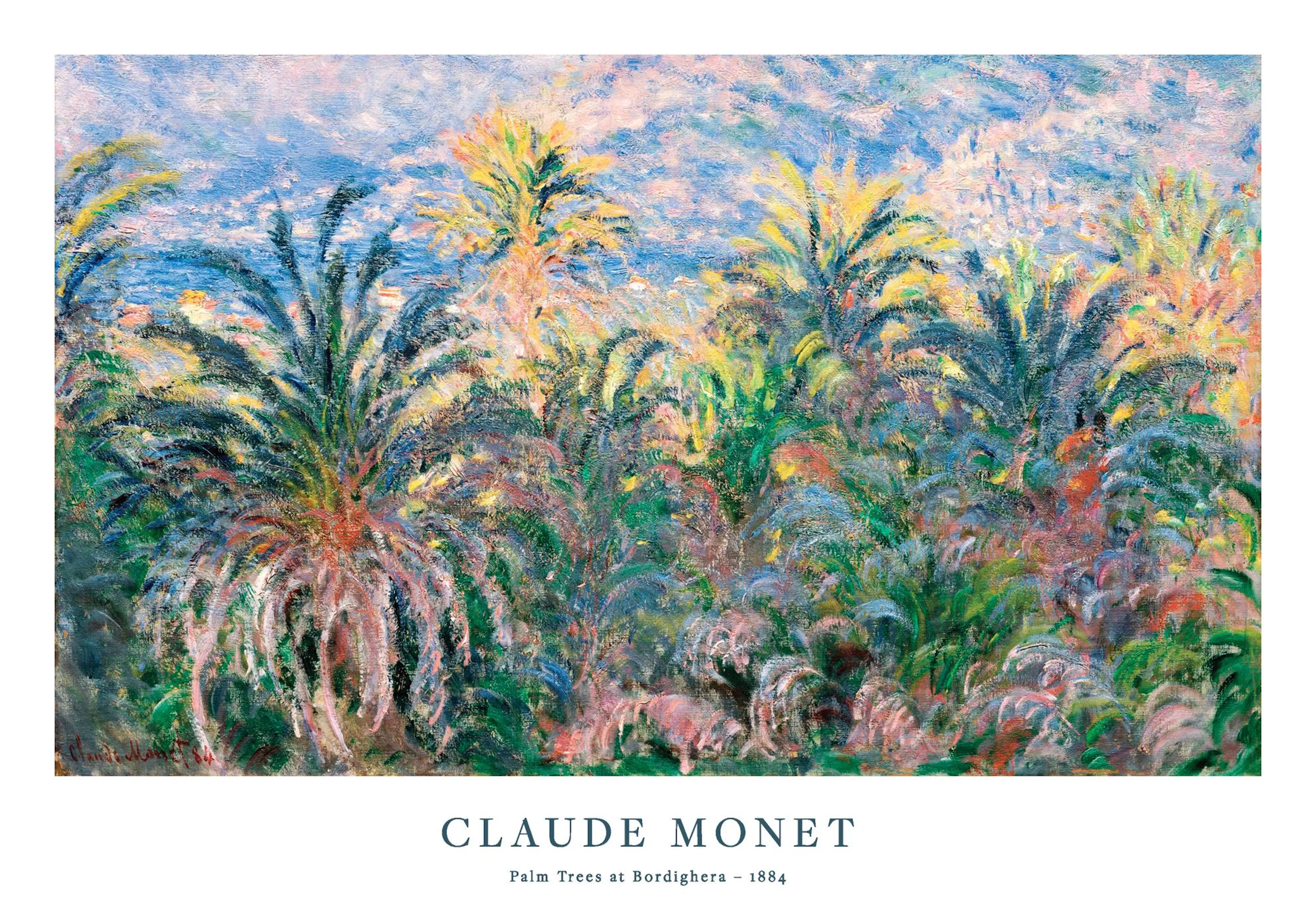 Monet: farebné, abstraktné palmy s modro-ružovou oblohou, impresionistické umenie.