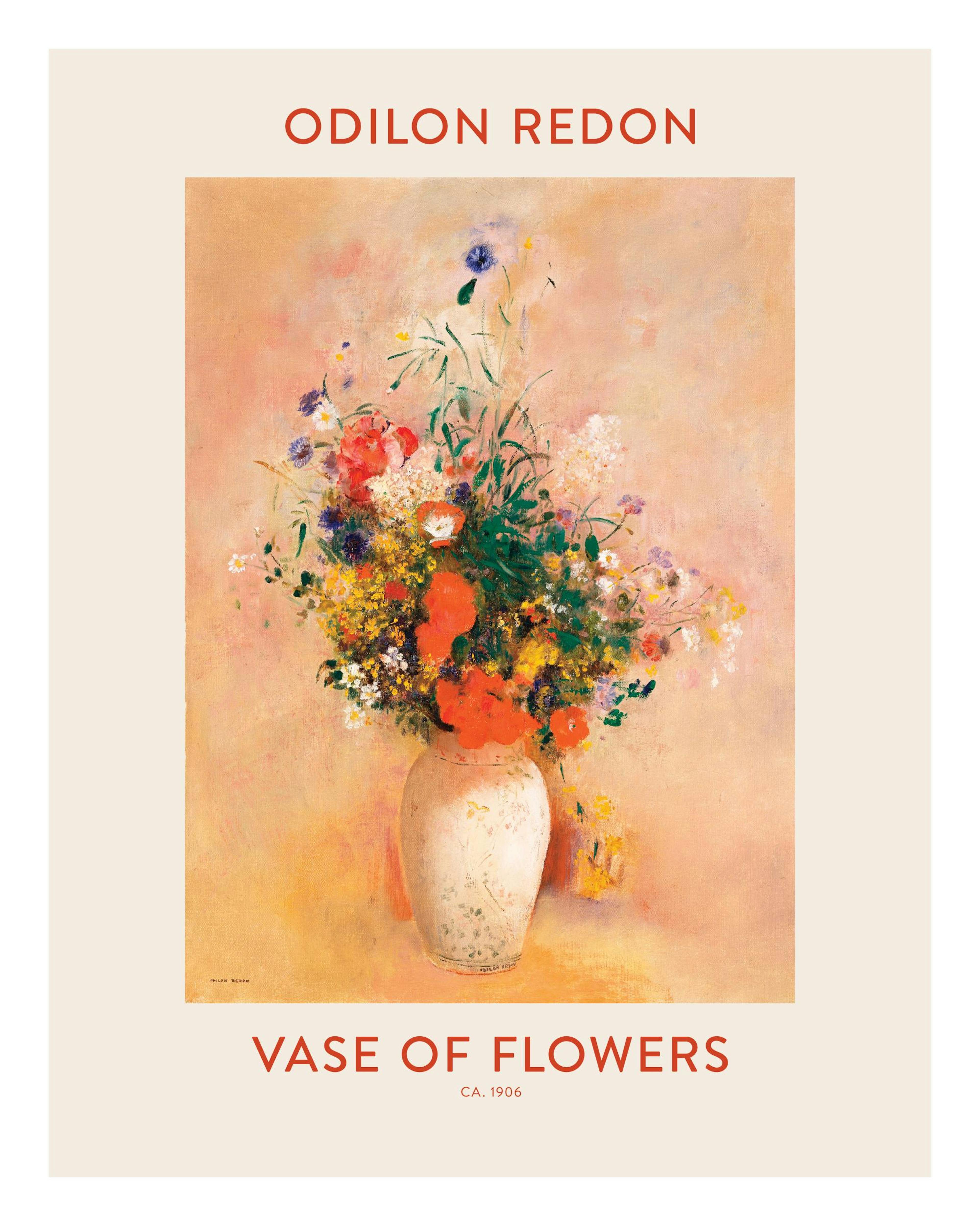 Odilon Redons maleri av en vase med fargerike blomster mot en oransje og lys beige bakgrunn, klassisk kunst.