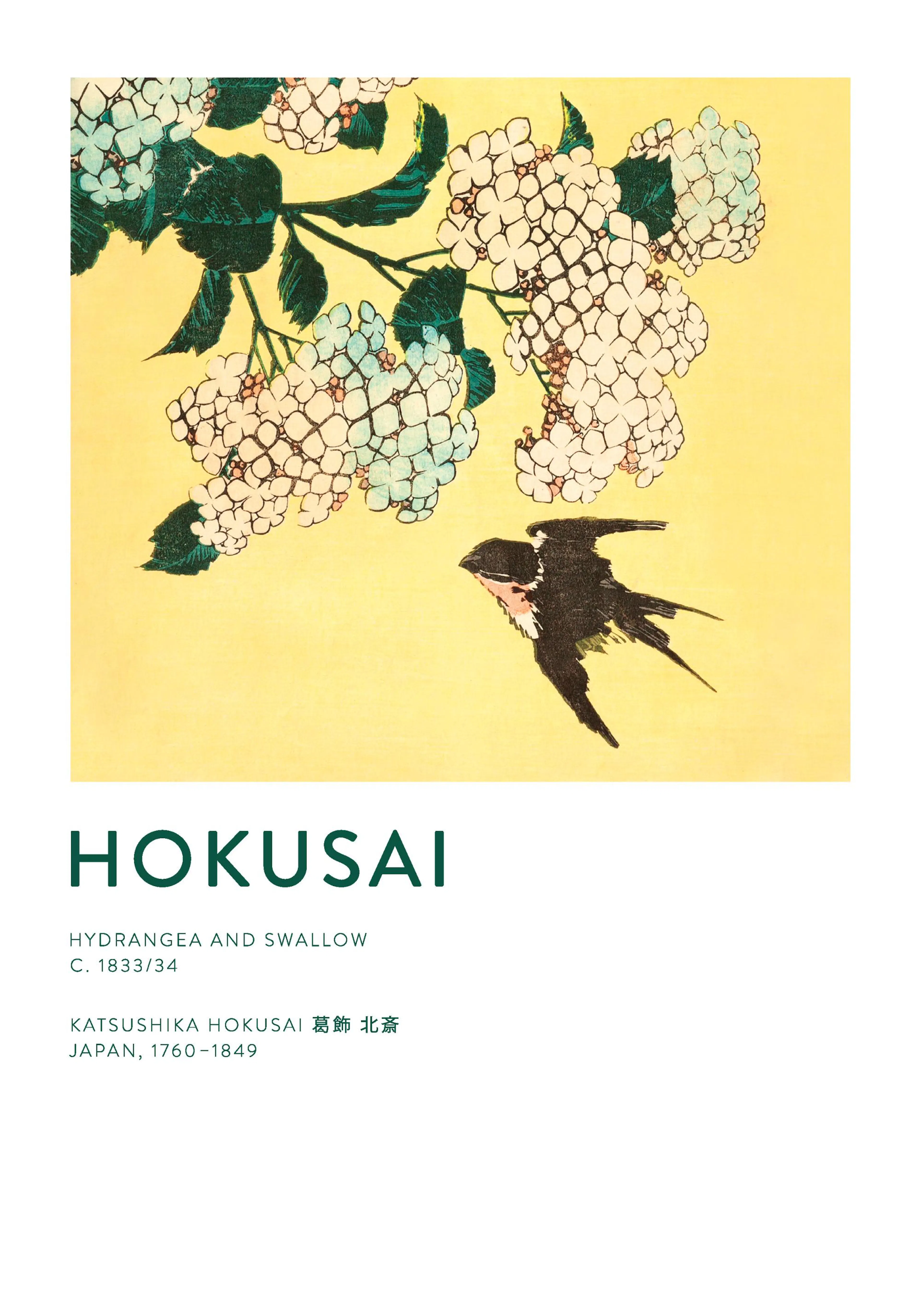 Hokusai japansk kunstplakat: lyseblå hortensia og svale på gul bakgrunn, klassisk ukiyo-e-stil.