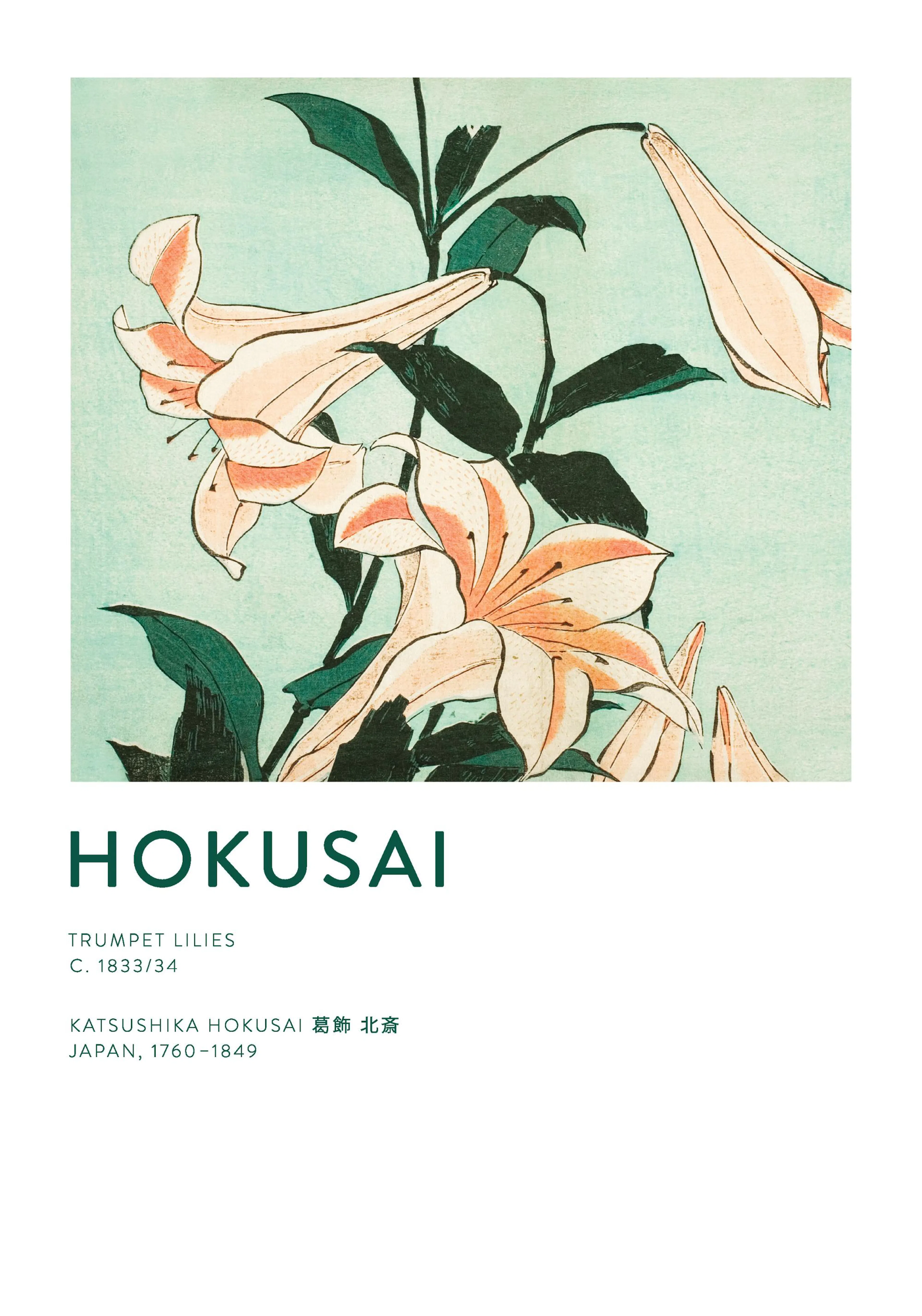 Hokusai Poster mit orangefarbenen, beigen Osterlilien und grünen Blättern auf hellgrünem Hintergrund, japanische Kunst.