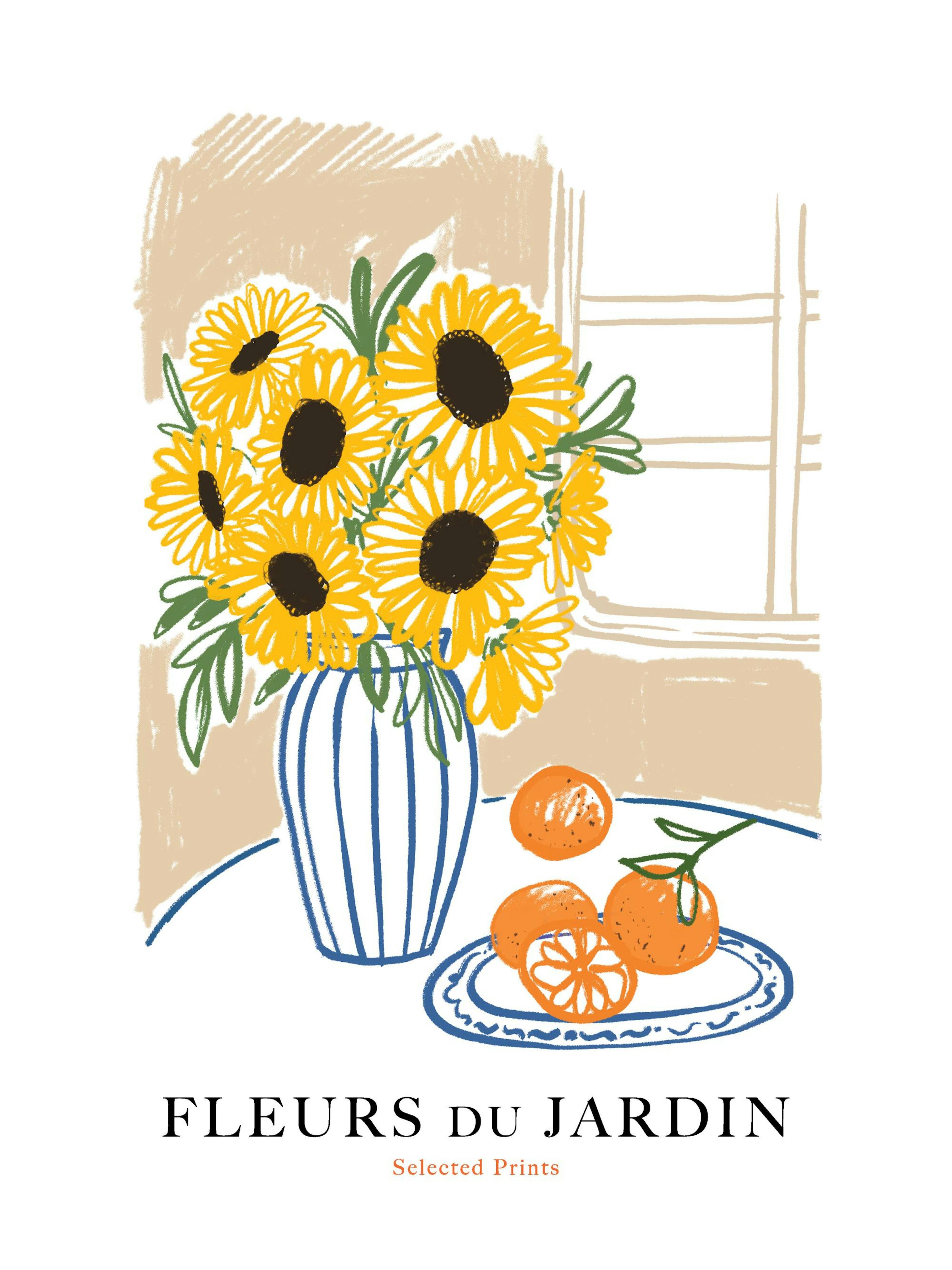 Illustration of yellow sunflowers in a blue striped vase, with oranges on a plate beside it, a perfect flower poster.