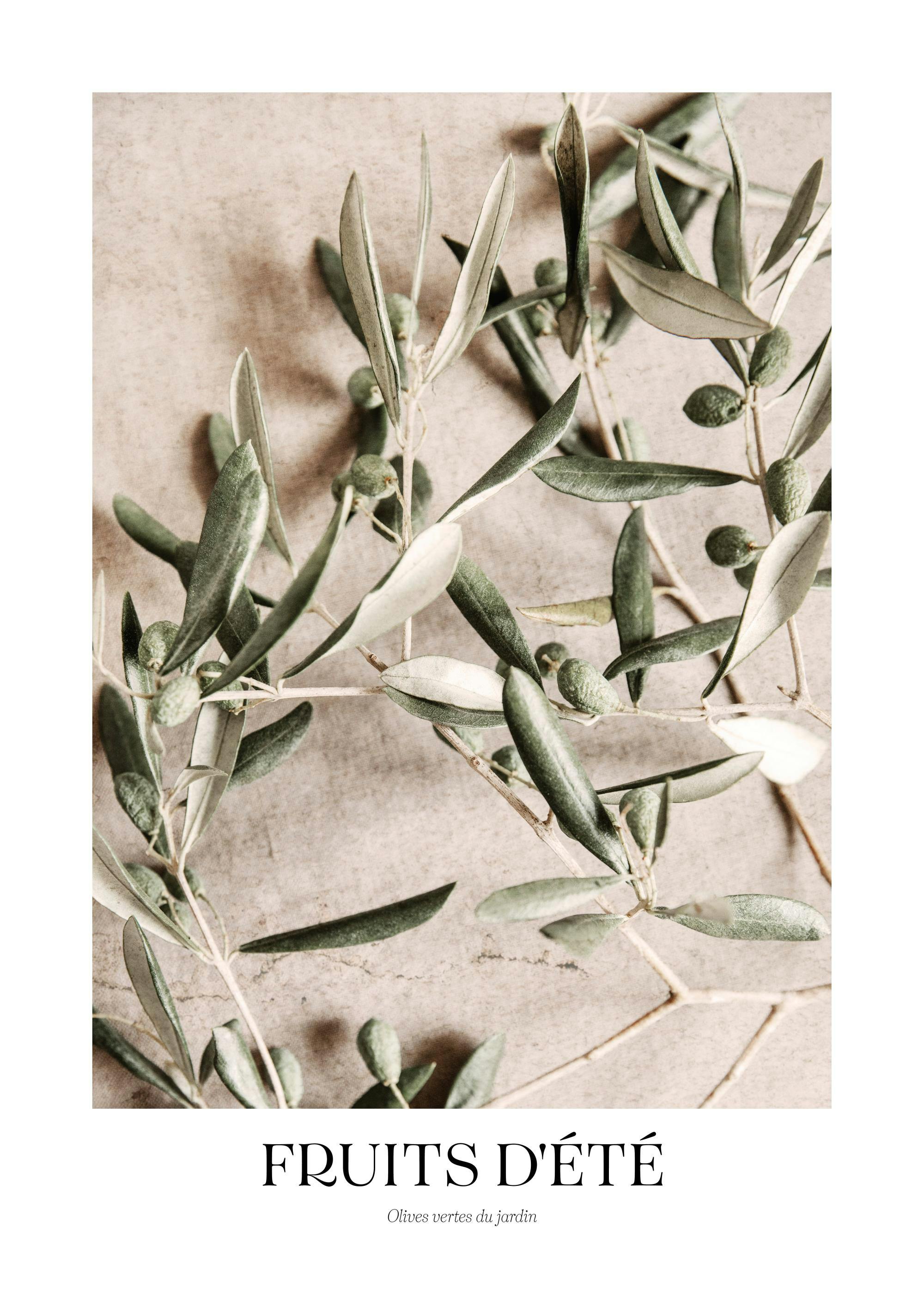 Photograph of green olives on olive branches against a beige stone background, with text at the bottom.