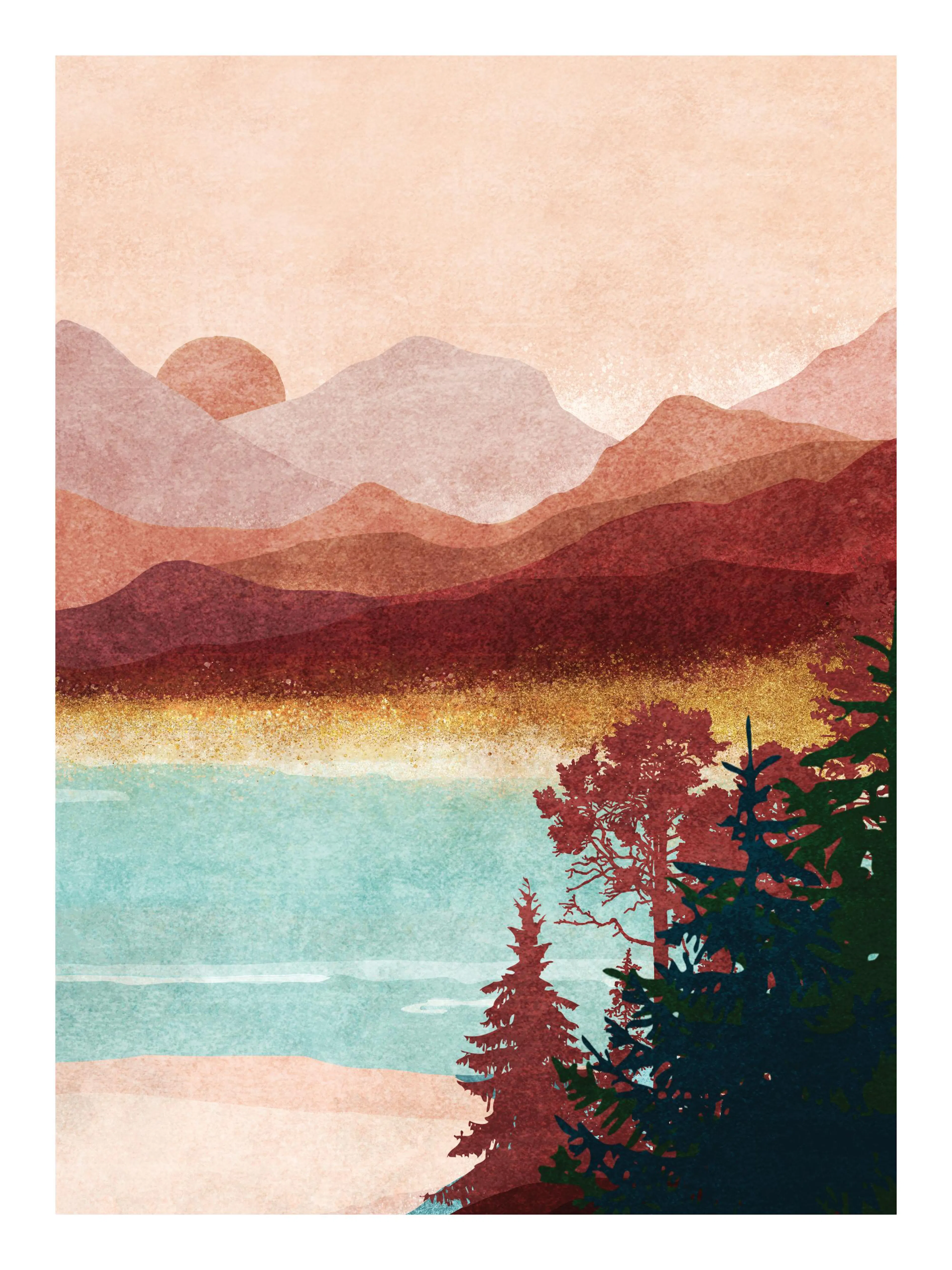 Abstrakte Berglandschaft in Rosa, Rot und Orange mit blauem Wasser und Bäumen im Vordergrund, Sonnenuntergang.