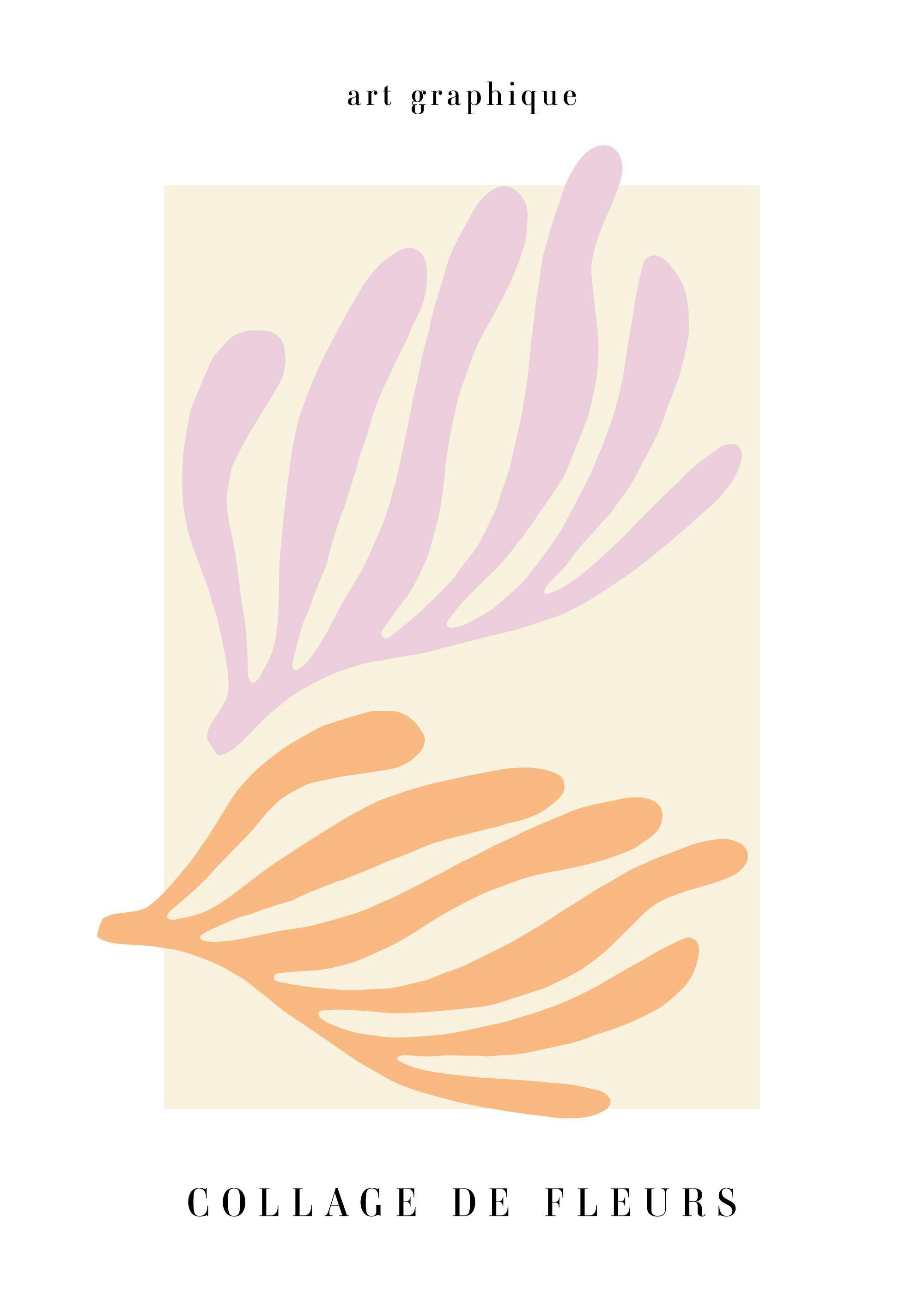 Affiche Art Graphique de collage floral abstrait rose et orange sur fond beige clair.