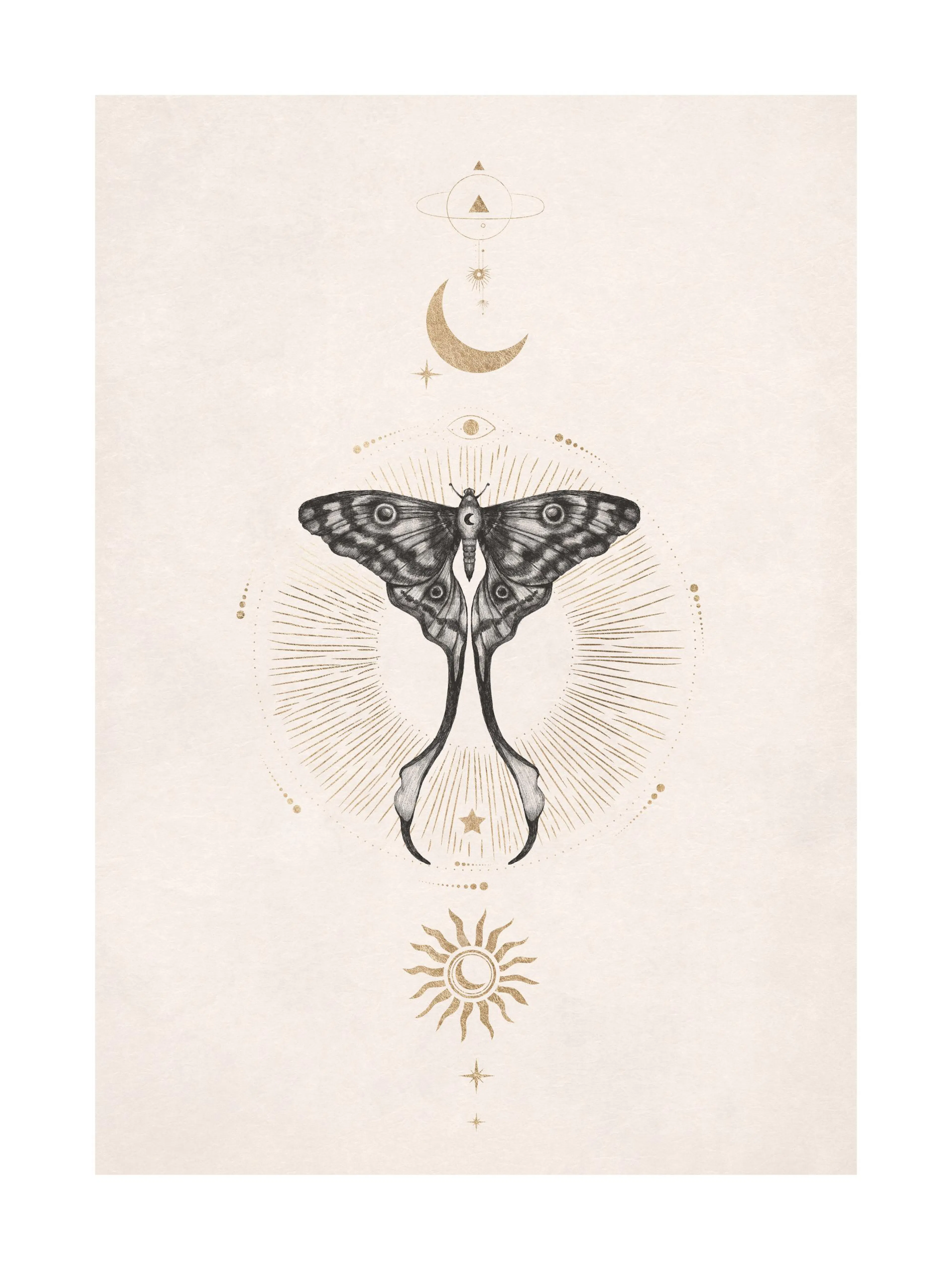 Póster beige simétrico con mariposa, luna dorada y sol, tema astrológico