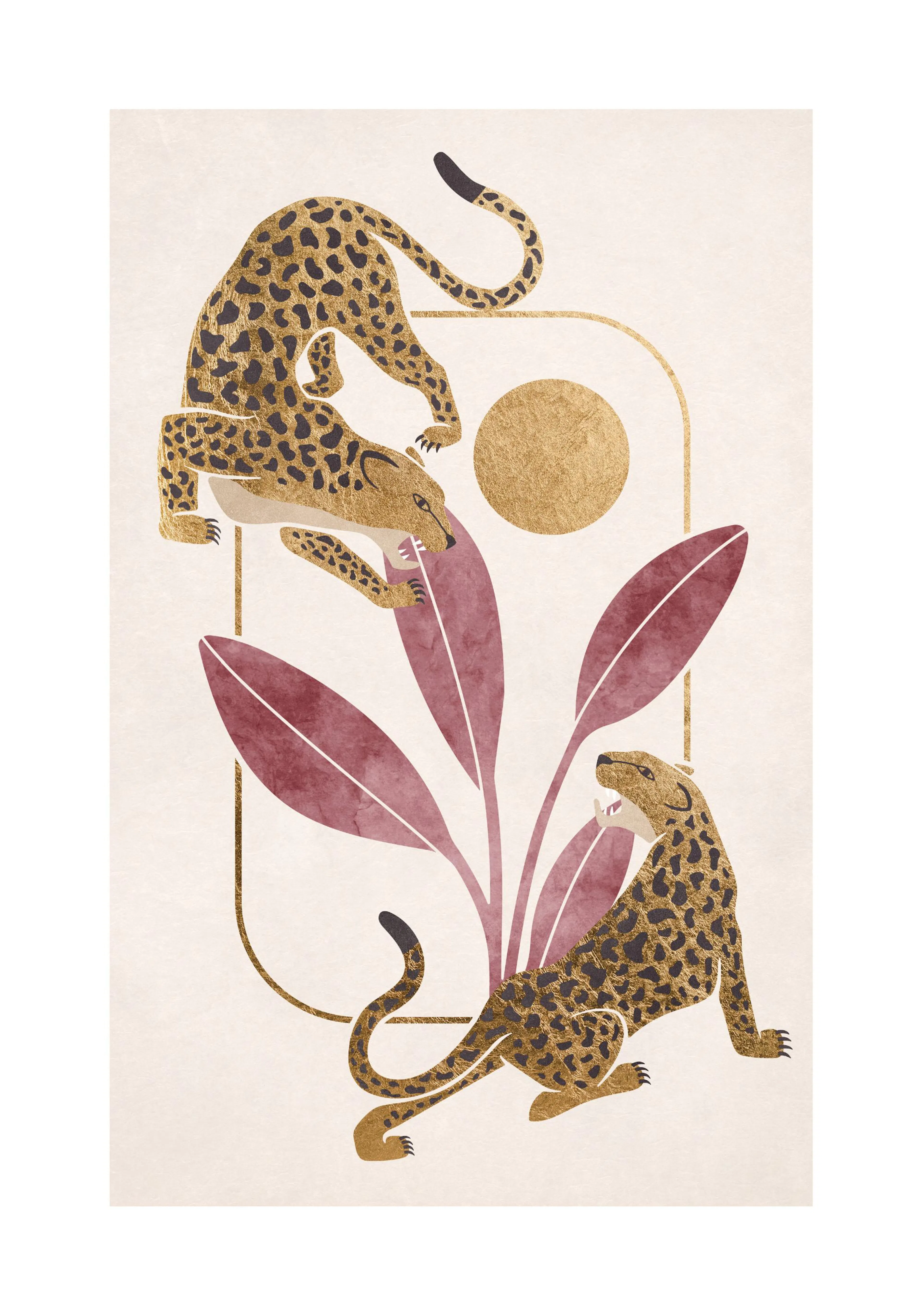 Illustration von zwei Leoparden in Gold und Schwarz, die sich in einem Savannen-Hintergrund mit roten Blättern und goldener Sonn