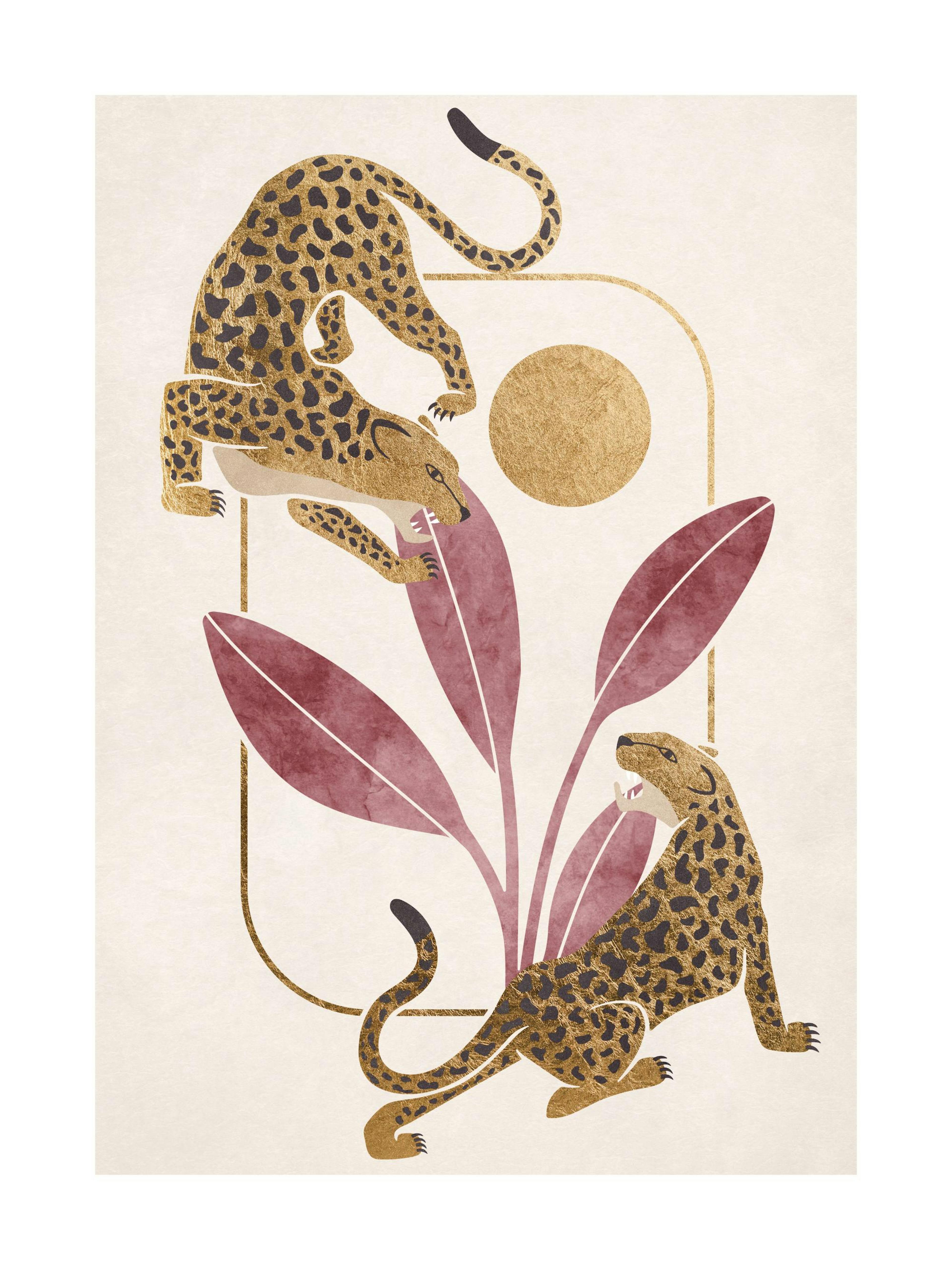 Leopards print poster with two savanna leopards, a beige background, and a flower design.