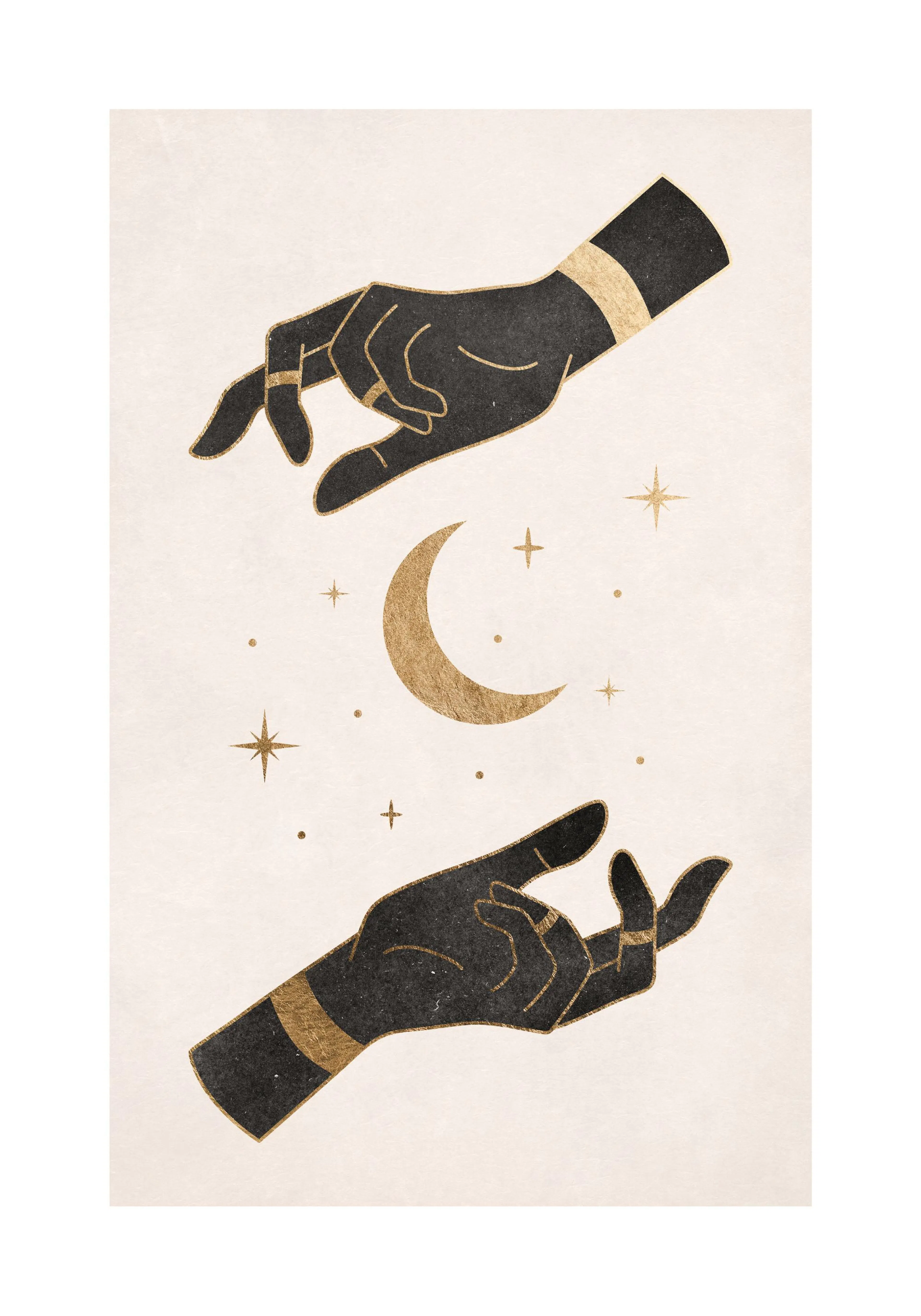 Mystieke poster met twee zwarte handen met gouden sieraden rond een gouden halve maan en sterren