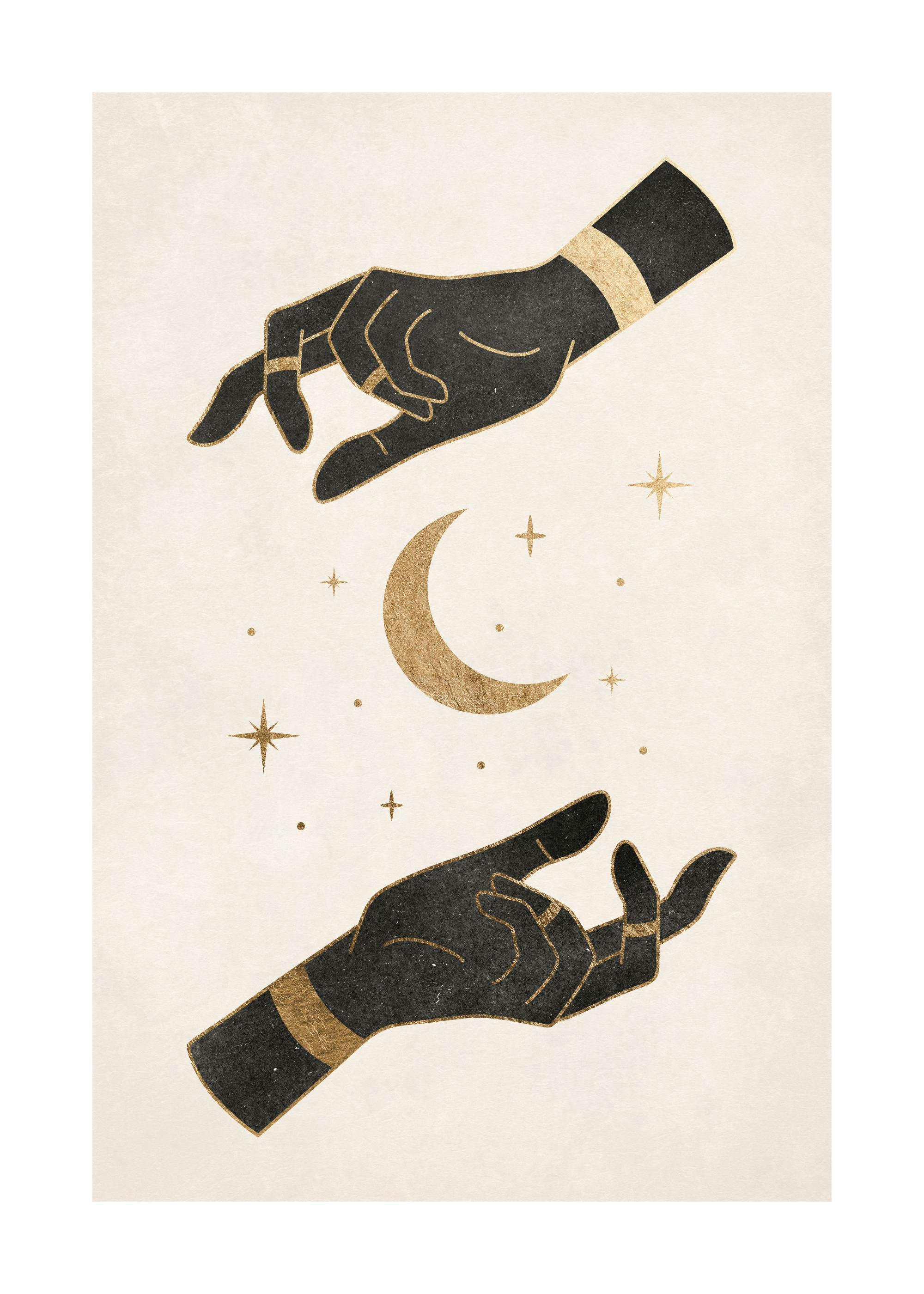 Póster místico con dos manos negras adornadas con joyas doradas y una luna creciente con estrellas.