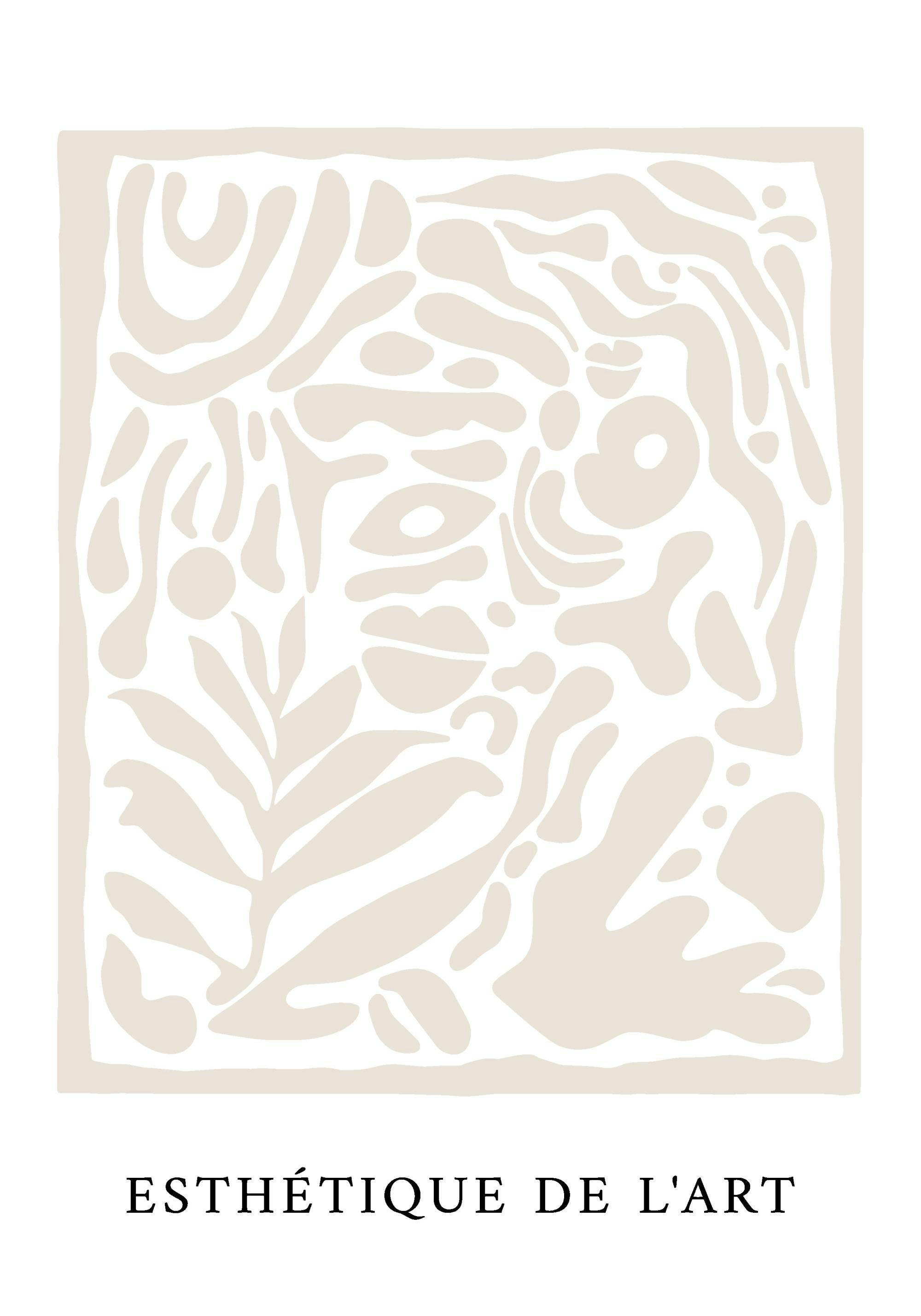 Esthétique de Lart affisch i beiga toner med skandinaviska motiv, växter och abstrakta former.