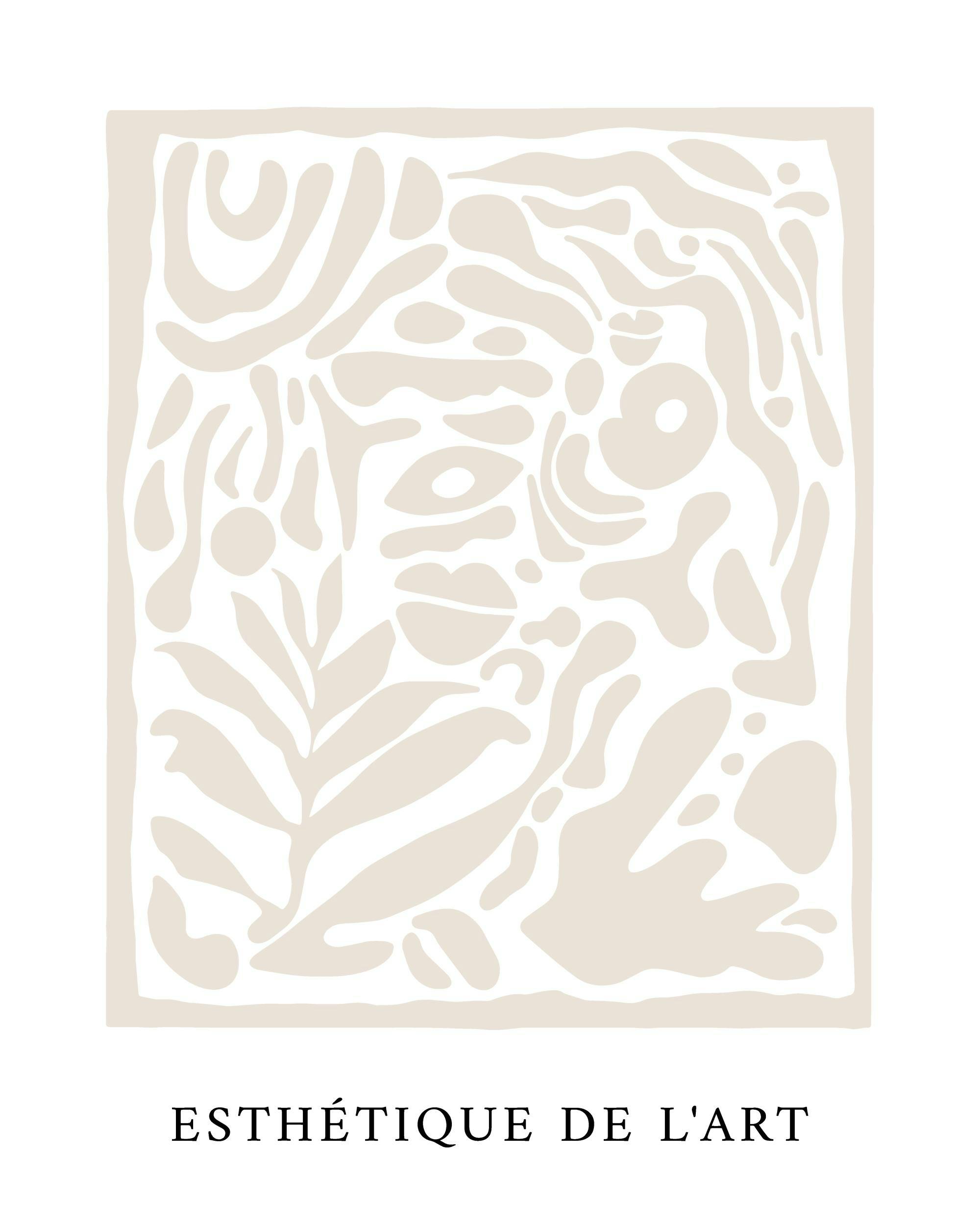 Esthétique de Lart Poster mit organischen Formen und Lippen, Sonne und Blättern in Beige, skandinavisch minimalistisch