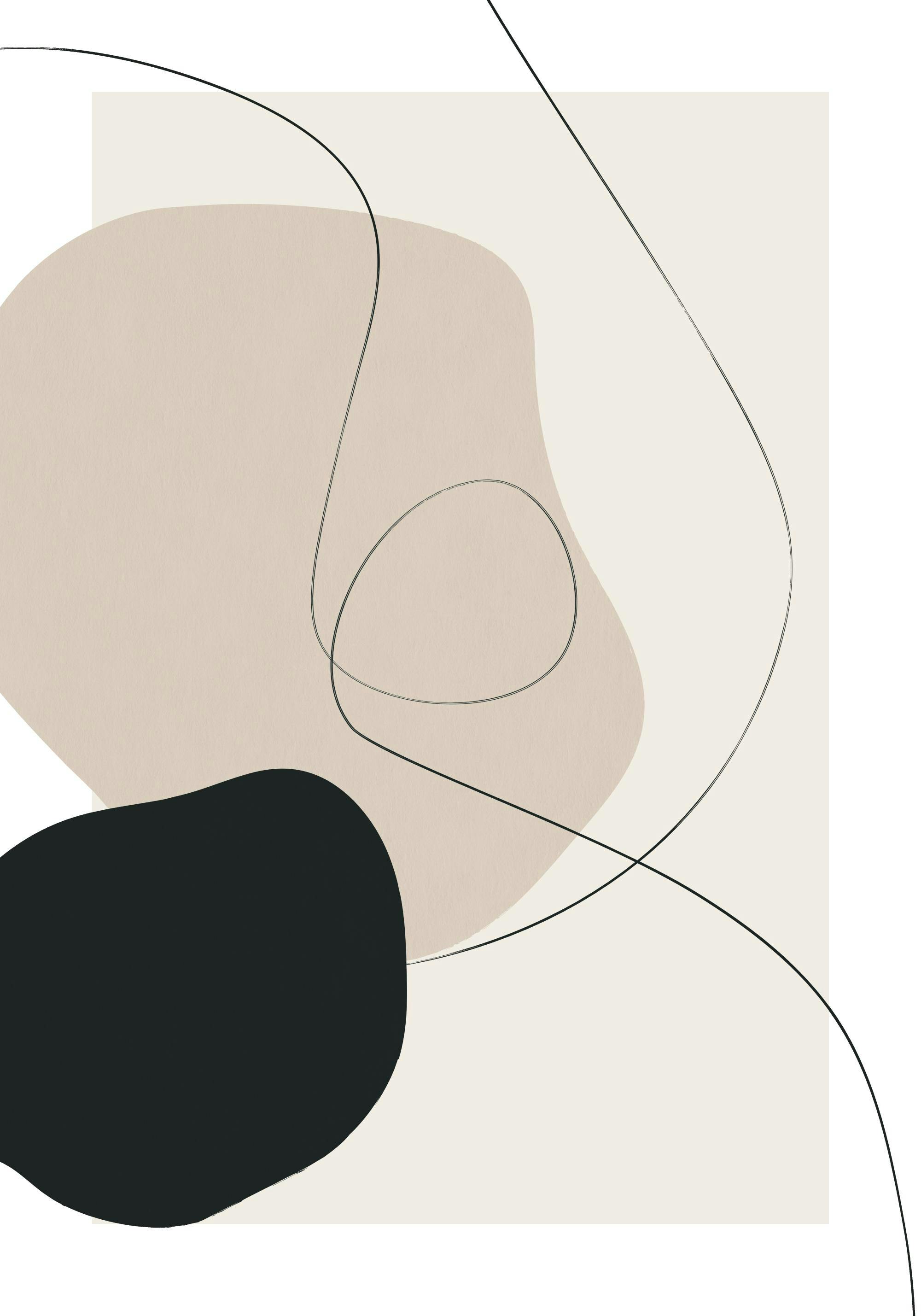 Póster abstracto con figuras orgánicas beige y negras, líneas finas estilo boho