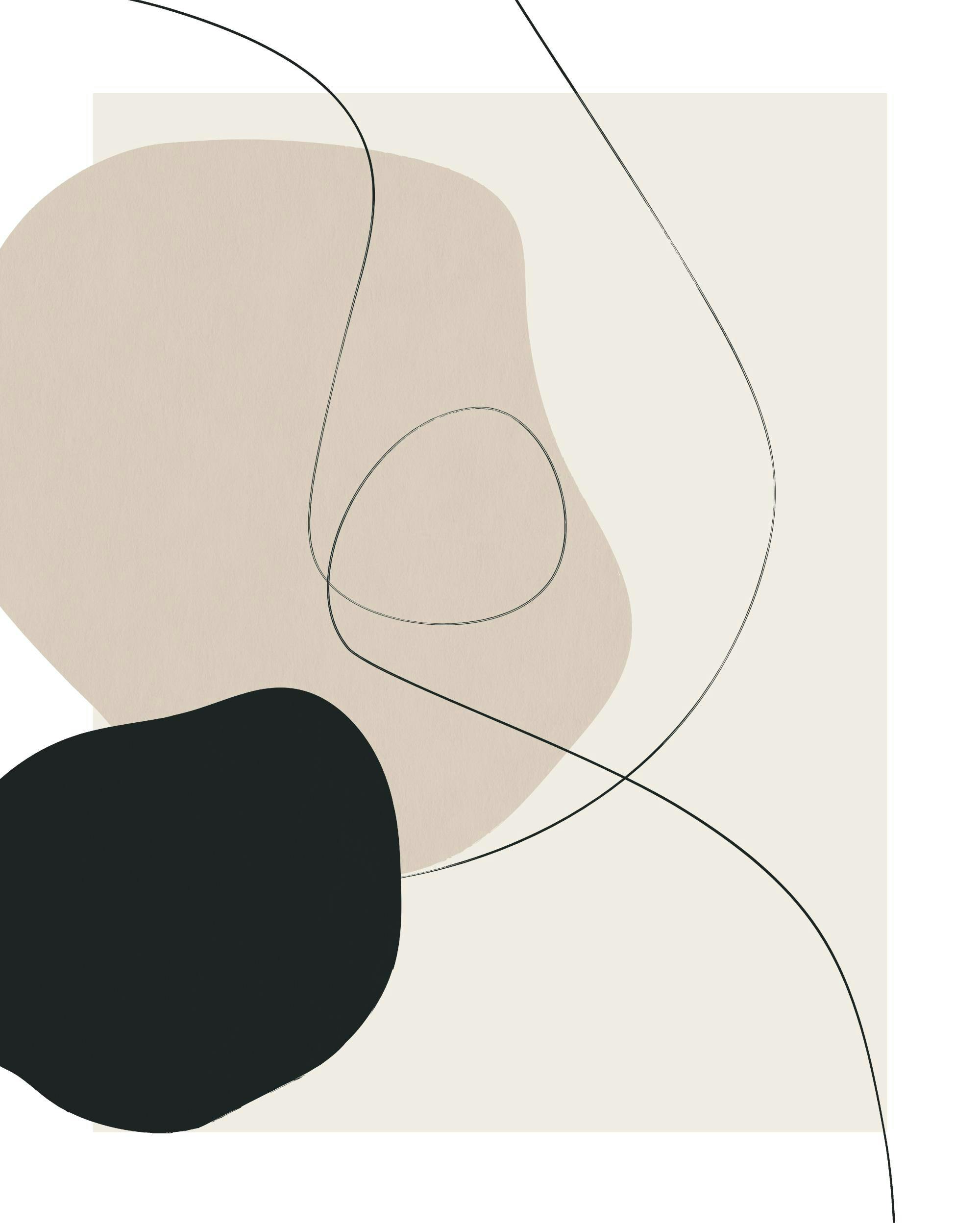Affisch med abstrakta former och linjer i beige, svart och vitt, skapar en trendig konststil.