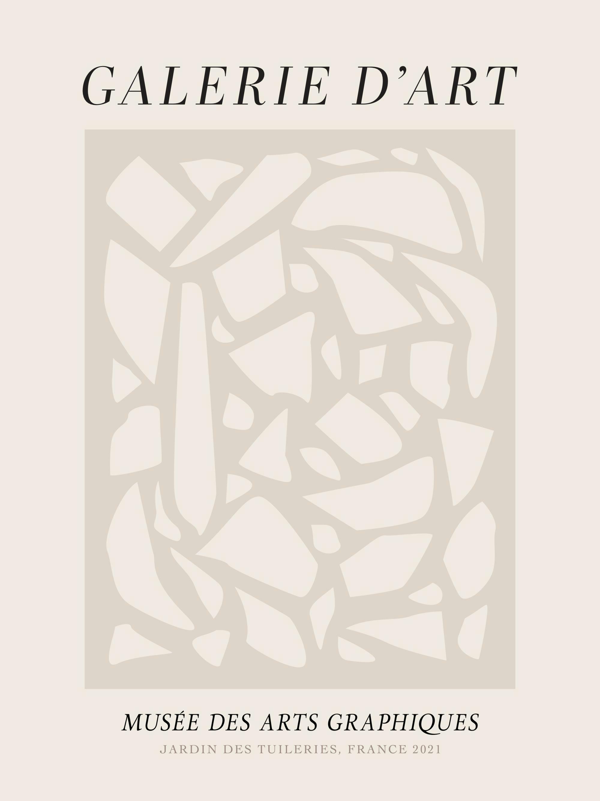 Galerie Dart No1 poster with abstract beige pattern, black text, and neutral modern graphic design.
