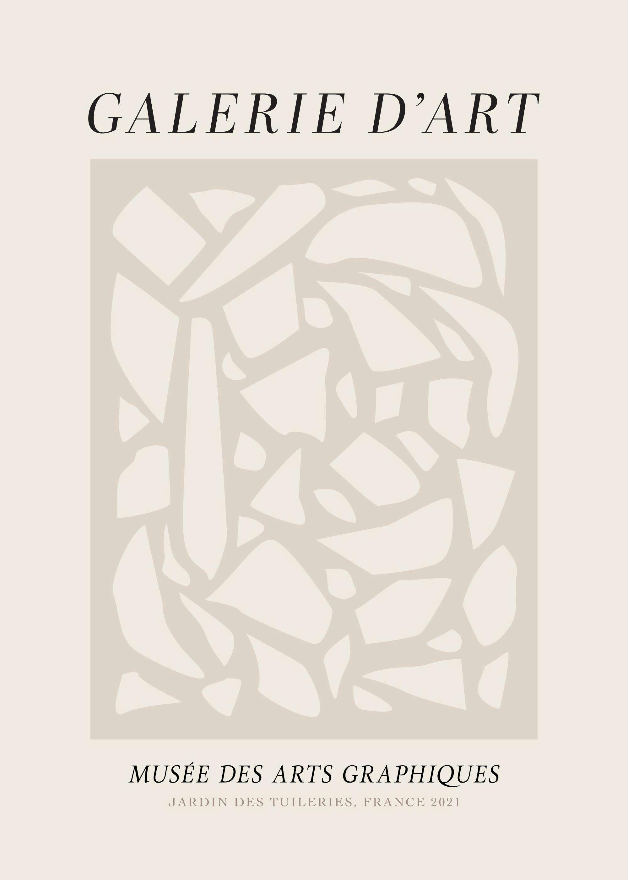 Plakat med beige abstrakt mønster og svart tekst, inspirert av gallerikunst, på lys bakgrunn